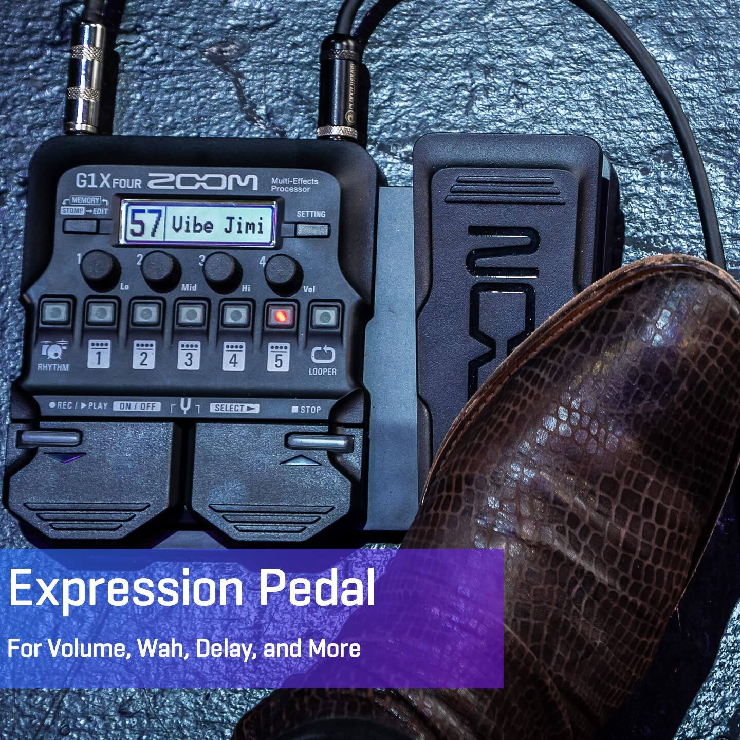 G1X FOUR  
ZOOM  
Multi-Effects Processor  

57 Vibe Jimi  

Expression Pedal  
For Volume, Wah, Delay, and More