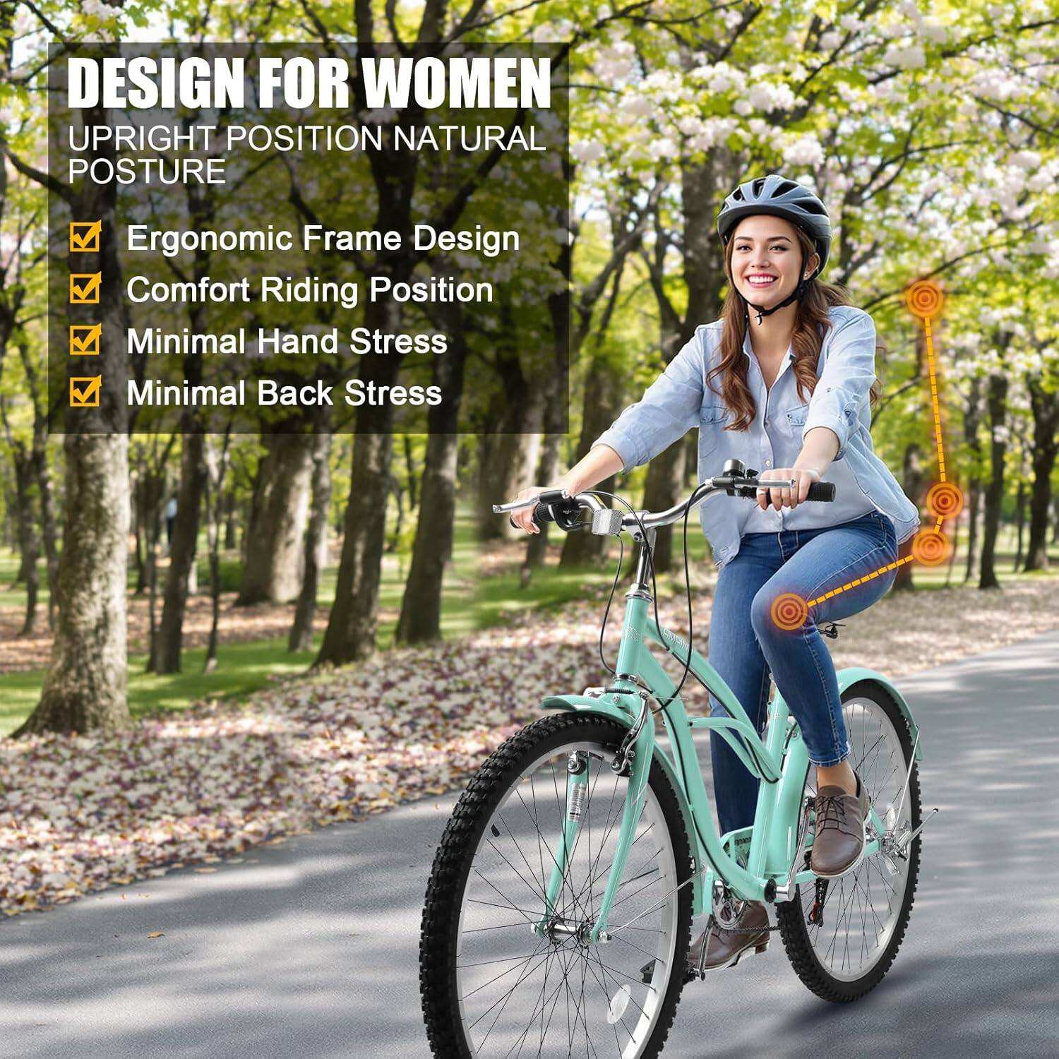 DESIGN FOR WOMEN  
UPRIGHT POSITION NATURAL POSTURE  

- Ergonomic Frame Design  
- Comfort Riding Position  
- Minimal Hand Stress  
- Minimal Back Stress