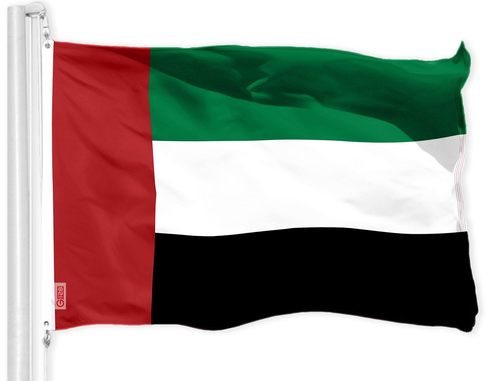 Front. G128 - United Arab Emirates Flag — 3 x 5 ft 150D Polyester, Brass Grommets, Indoor/Outdoor. - Assorted Colors.