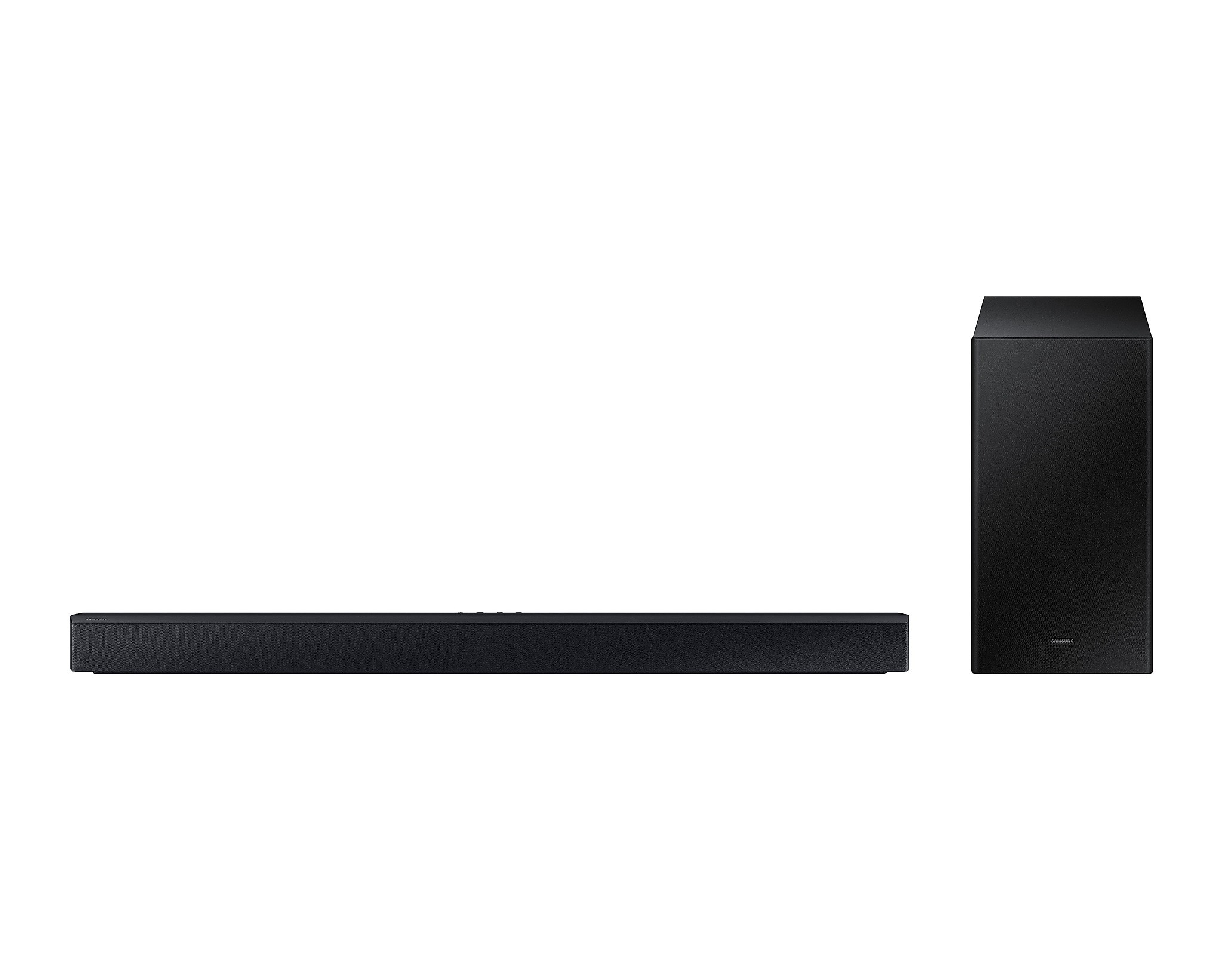 Front. Samsung - 2.1 Ch Soundbar w/ Wireless Subwoofer HW-C43C, 270W, Dolby Audio, DTS Virtual:X, Voice Enhance Mode, Adaptive Sound Lite - Black.