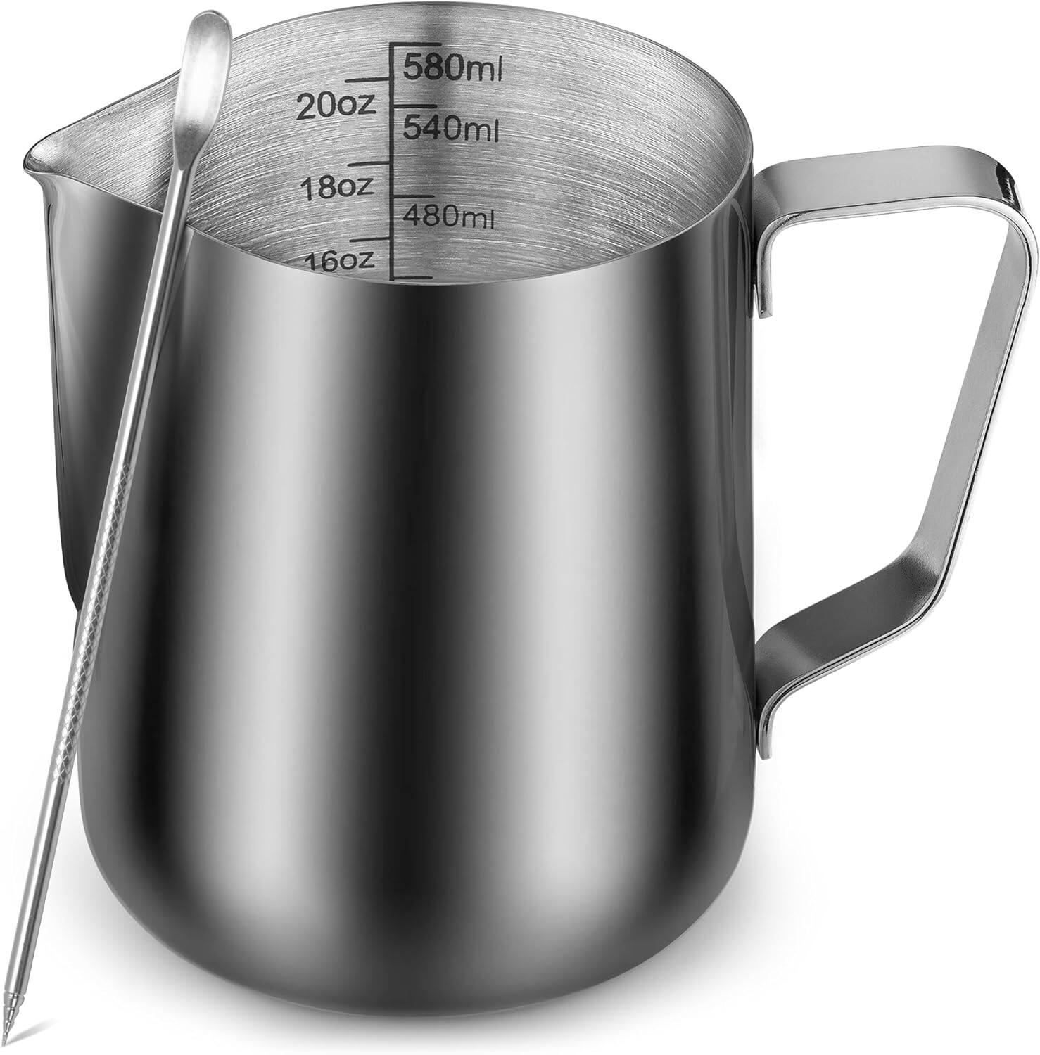 Zulay Kitchen - 20 oz Milk Frothing Pitcher with Latte Art Pen – Stainless Steel Frother Cup with Measurement Markings - Silver