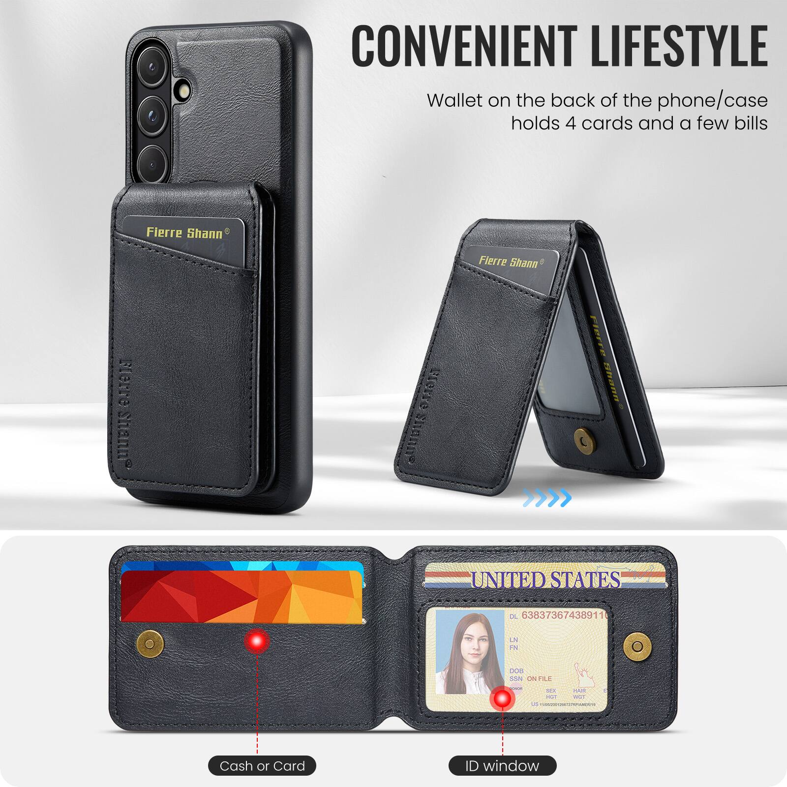 CONVENIENT LIFESTYLE  
Wallet on the back of the phone/case holds 4 cards and a few bills  

Fierre Shann  

Cash or Card  
ID window  

UNITED STATES  
DL 63837367438911  
U.S.  
DOB 01/01/2000  
SSN ON FILE  
WHT  
US 199000000000000000000000000000000000000000000000000000000000000000000000000000000000000000000000000000000000000000000000000000000000000000000000000000000000000000000000000