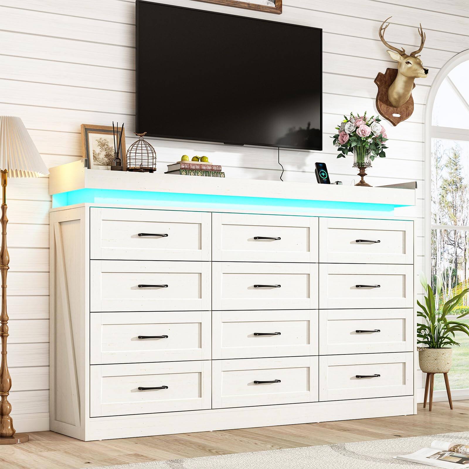 Left. Espafurni - 71" Wide & 46" Tall Large Farmhouse Dresser - 12 Drawers, LED Light, Power Outlets - Ideal for Bedroom - White.