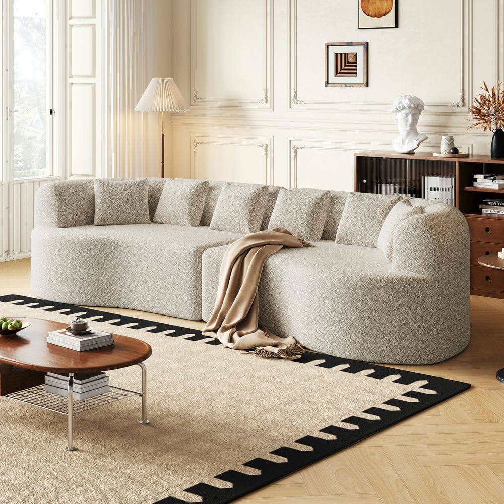 Alt View 4. Kadyn - 106.3" Curved Sectional Sofa, 4-Seater Corduroy Cloud Couch with 6 Pillows and Memory Foam - Light Beige.
