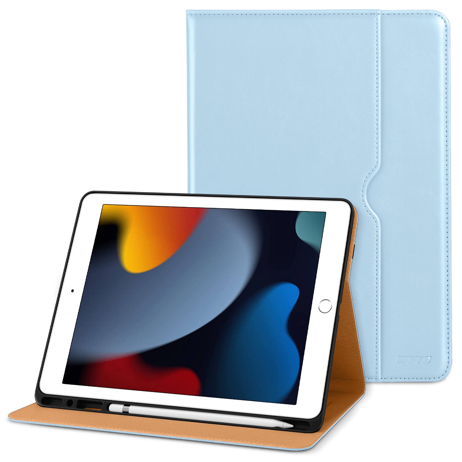 Front. DTTO - ​Case for iPad 9th/8th/7th Generation 10.2 Inch 2021/2020/2019, Premium Leather Folio Stand - Auto Wake/Sleep - Ice Blue.