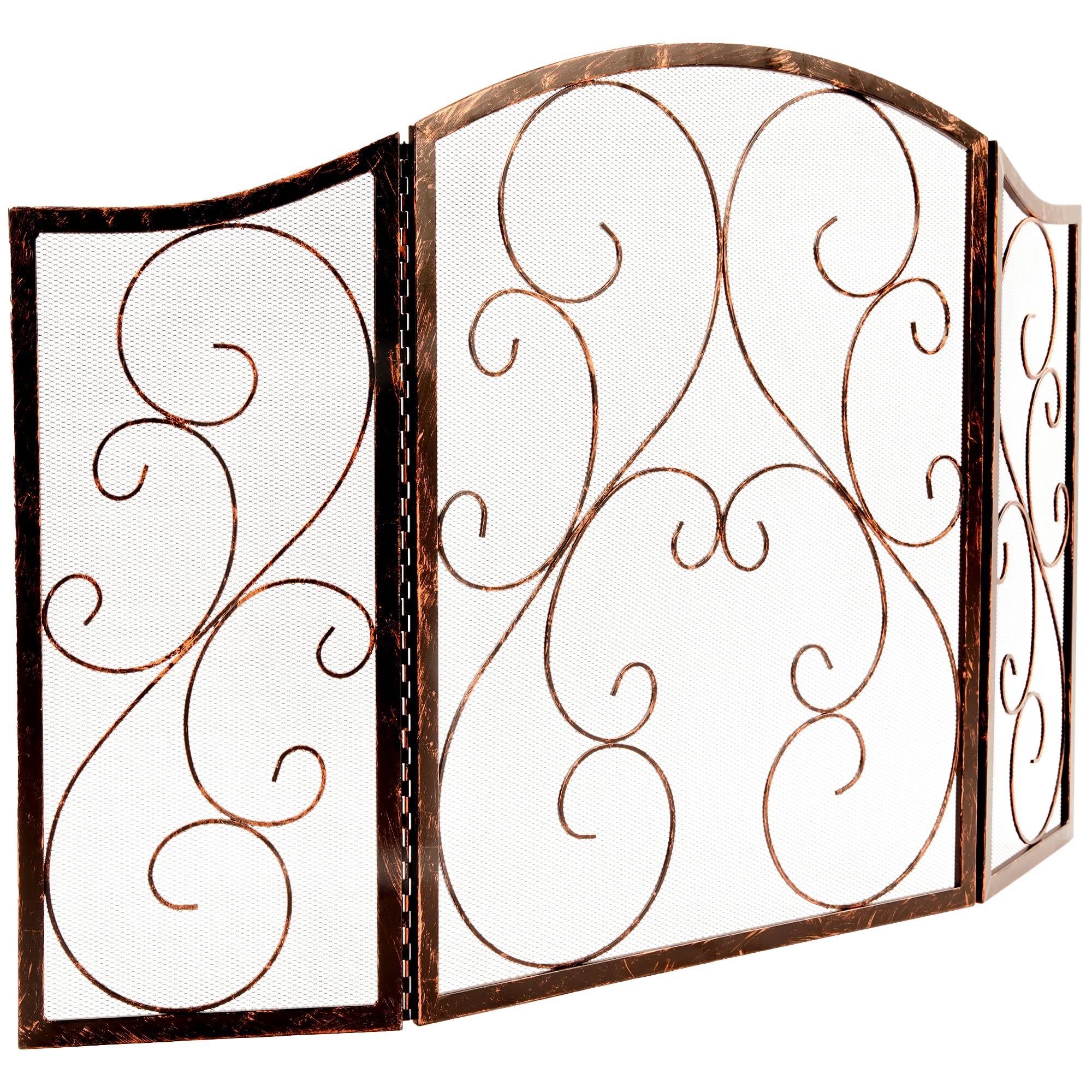 Alt View 6. JETRANSPORT - Fireplace Screen 3 Panel Wrought Iron Metal 48"(l) X30(h) Spark Guard Cover(brushed Copper) - Golden.