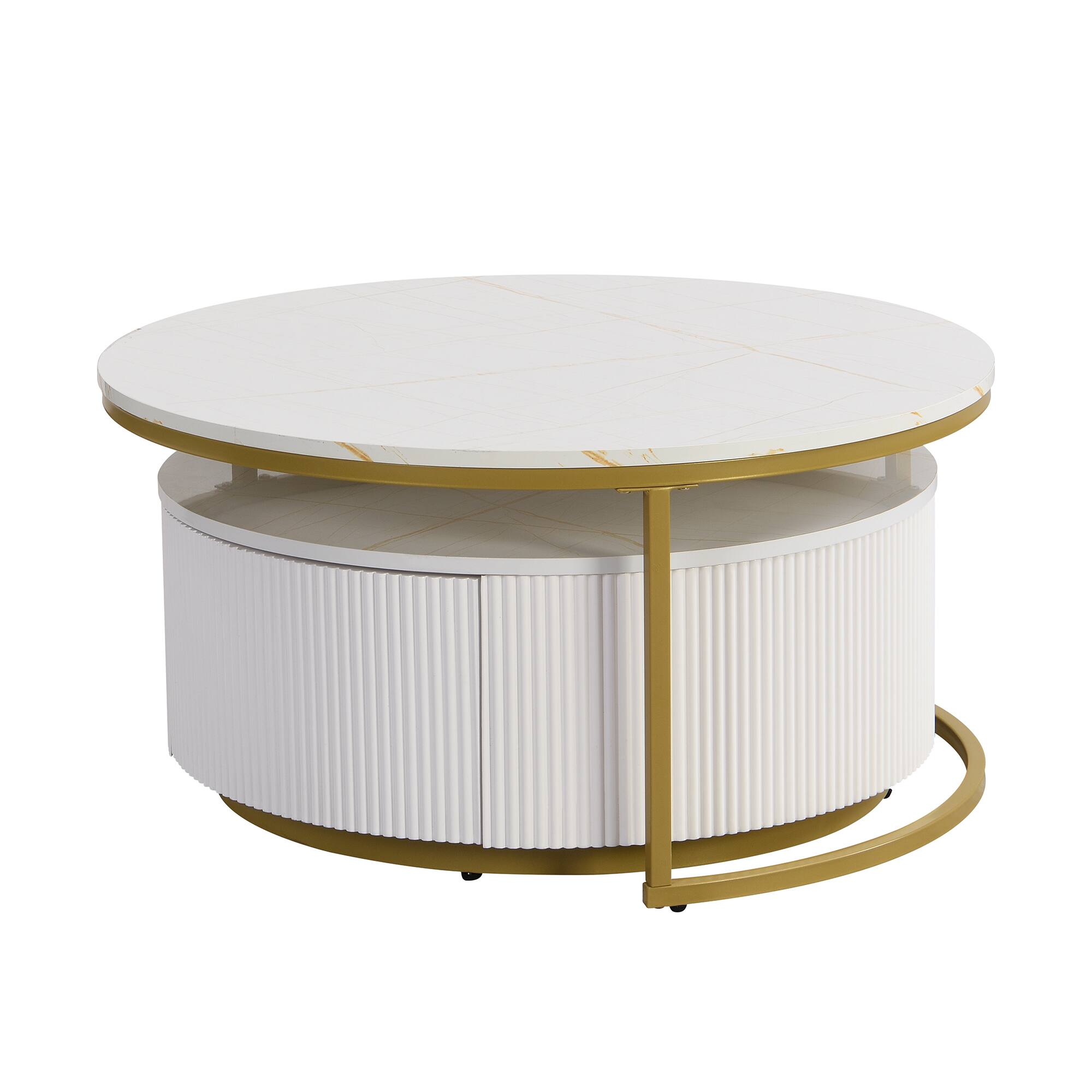 Alt View 6. Tiramisubest - Modern Round Nesting Coffee Table Fluted with Drawer in White & Gold in 27.6" - White.