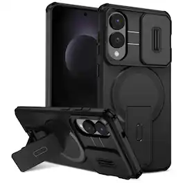 Dteck - for Samsung Galaxy S25 Edge Magnetic Case,Slide Lens Cover & Hidden Kickstand,Rugged Dual-Layer Shockproof PC TPU Cover - Black