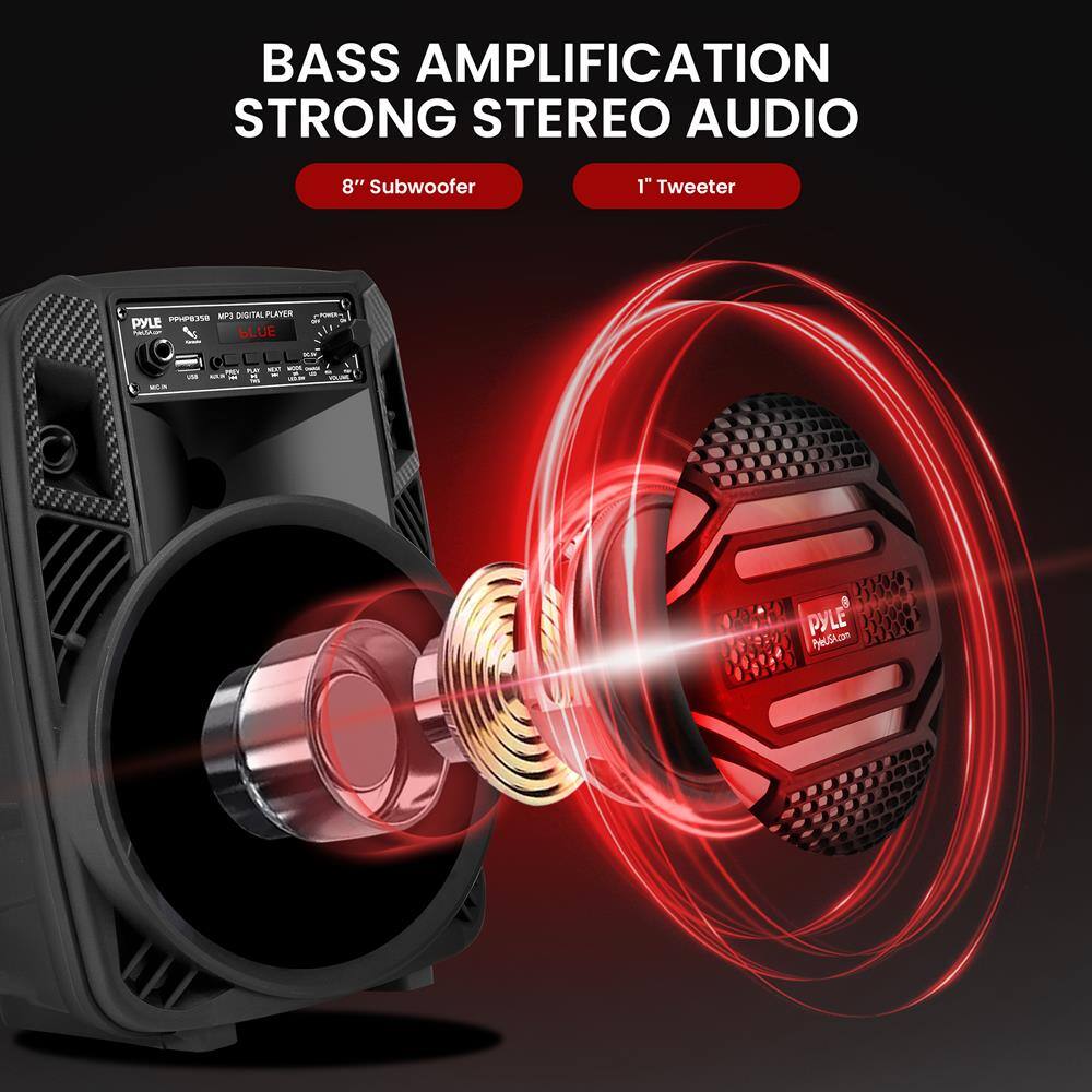 BASS AMPLIFICATION  
STRONG STEREO AUDIO  

8" Subwoofer  
1" Tweeter  

MP3 DIGITAL PLAYER  
PYLE  
PYLE P3S