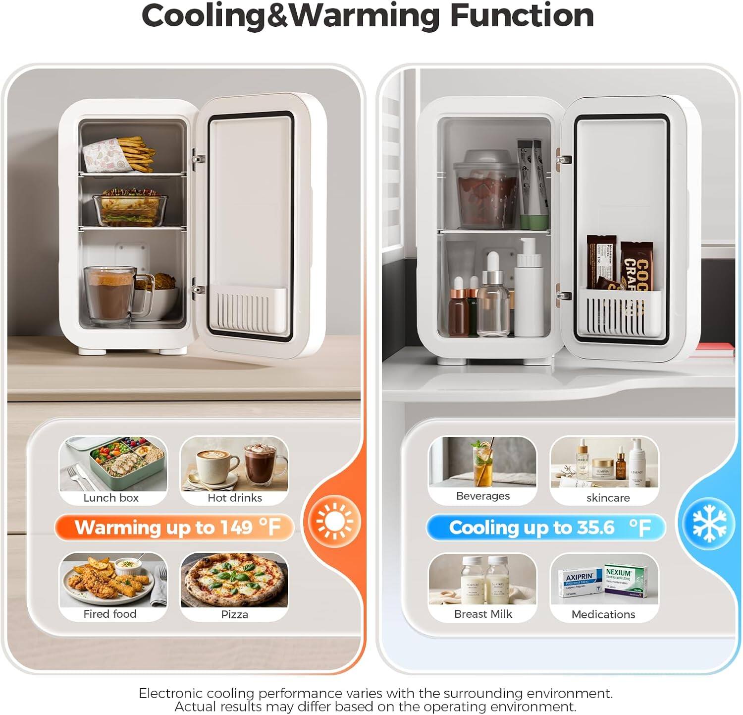 Cooling & Warming Function

- Lunch box
- Hot drinks
- Fired food
- Pizza

Warming up to 149°F

- Beverages
- Skincare
- Breast Milk
- Medications

Cooling up to 35.6°F

NEXIUM AXIPRIN

Electronic cooling performance varies with the surrounding environment. Actual results may differ based on the operating environment.
