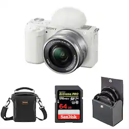 Bundle - Sony - ZV-E10 APS-C Mirrorless Interchangeable Lens Vlogging Camera with 16-50mm Lens, White - with 64GB SD Card,