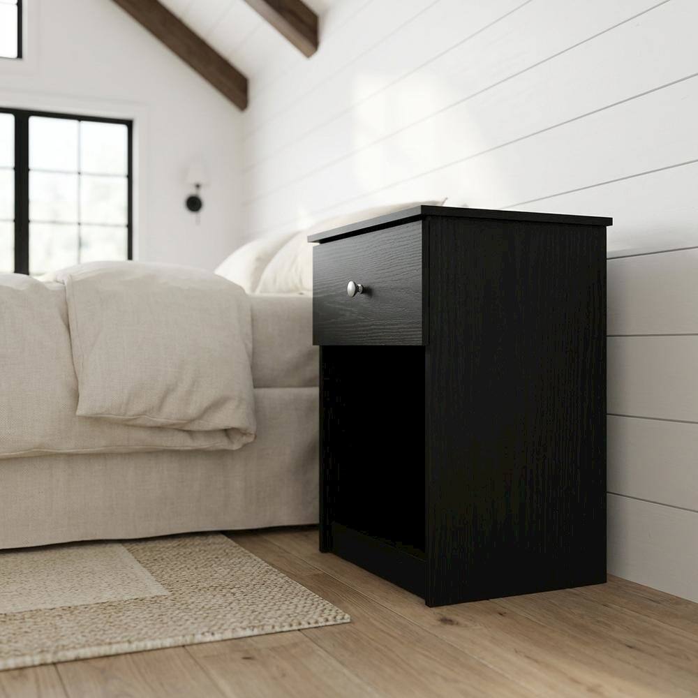 Angle. FurniFact - Black wood nightstand with one drawer and modern design - Black Oak.