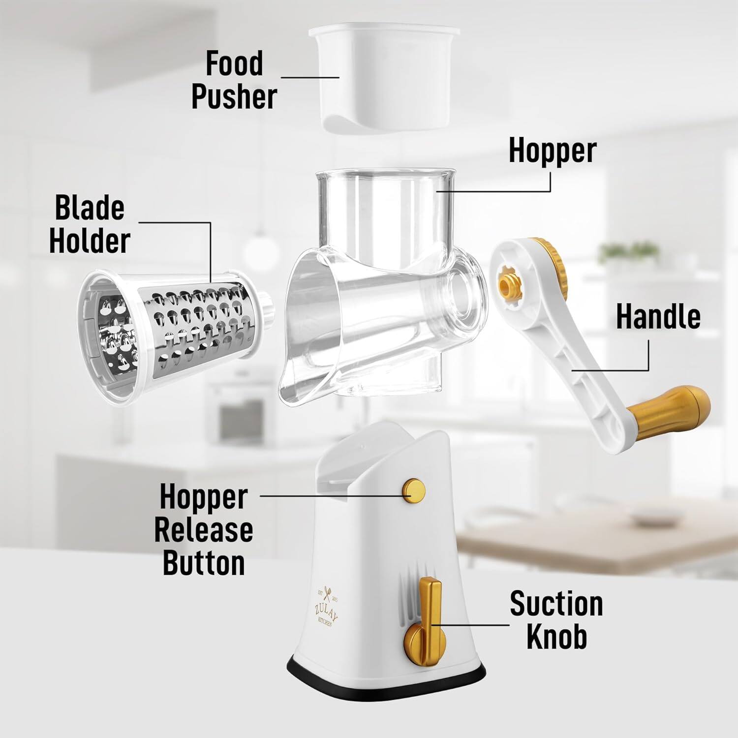 Blade Holder  
Food Pusher  
Hopper  
Handle  
Hopper Release Button  
Suction Knob