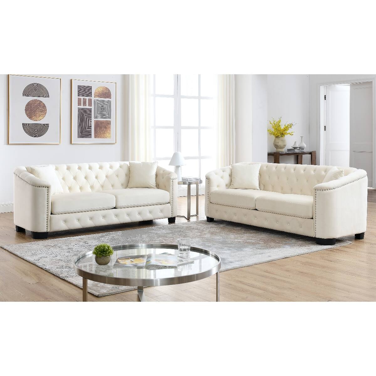 Front. Ropilly - Ropilly Velvet Chesterfield Sofa Set, Beige Velvet Upholstery, Tufted Sofa with Extra Deep Seat Cushions - Beige.