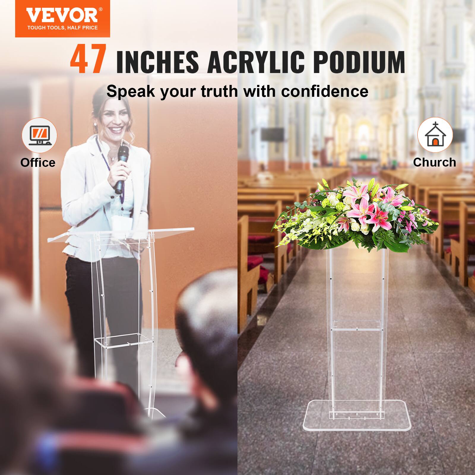 VEVOR TOUGH TOOLS. HALF PRICE 47 INCHES ACRYLIC PODIUM Speak your truth with confidence. V/A Office Church.