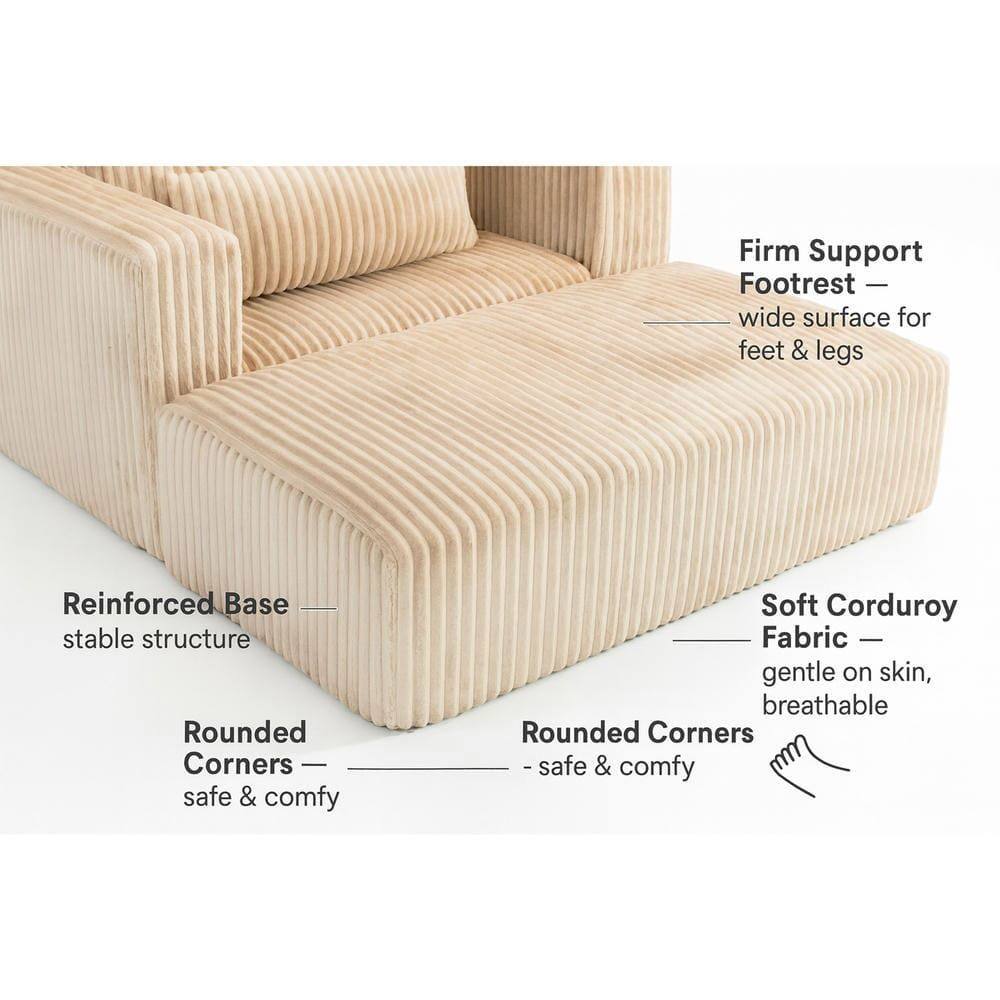 - Firm Support Footrest — wide surface for feet & legs
- Reinforced Base — stable structure
- Rounded Corners — safe & comfy
- Soft Corduroy Fabric — gentle on skin, breathable
- Rounded Corners — safe & comfy