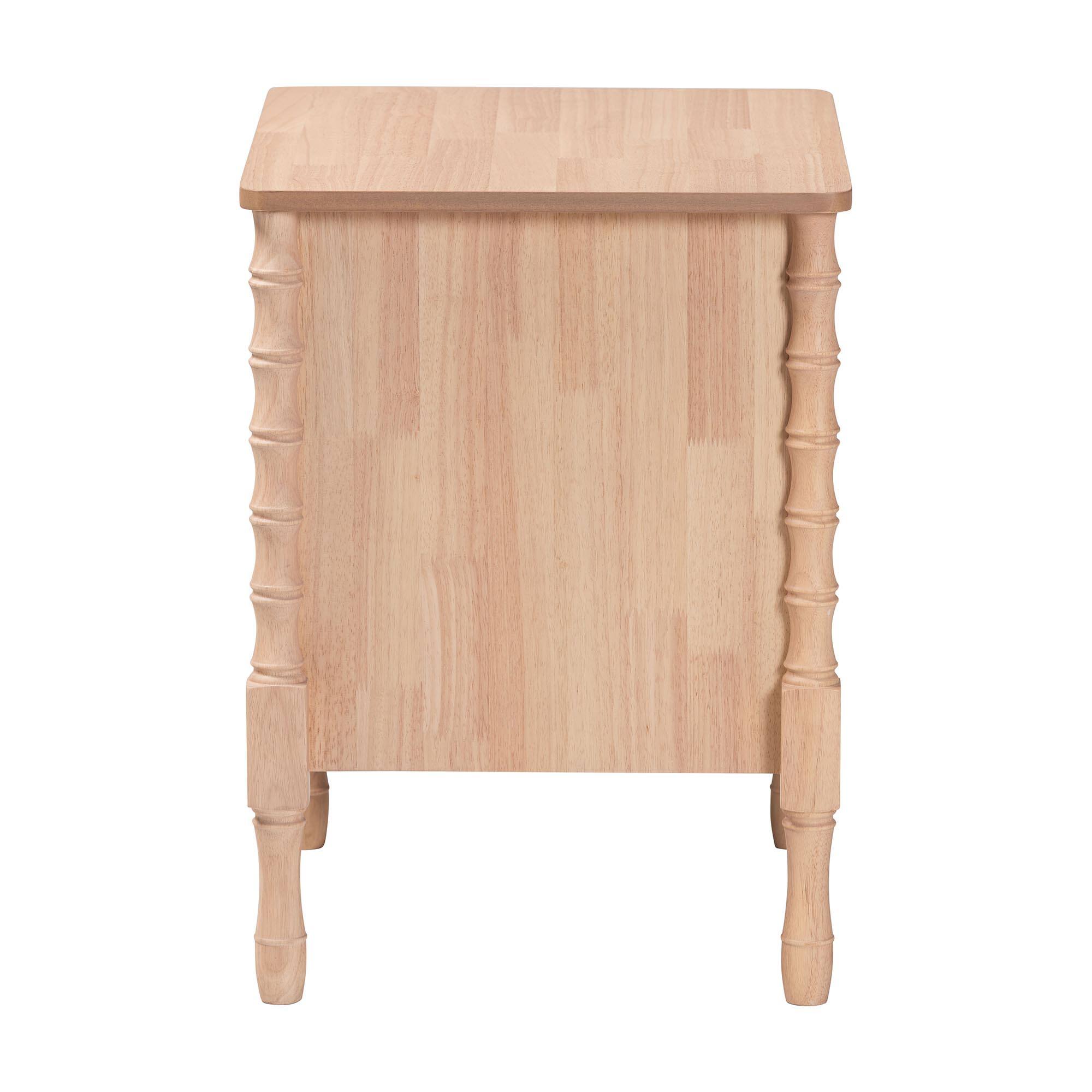 Back. Baxton Studio - Baxton Studio Laurent Nightstand - 2-Drawer Bedside Table with Bamboo-Style Turned Legs - Beech Brown.