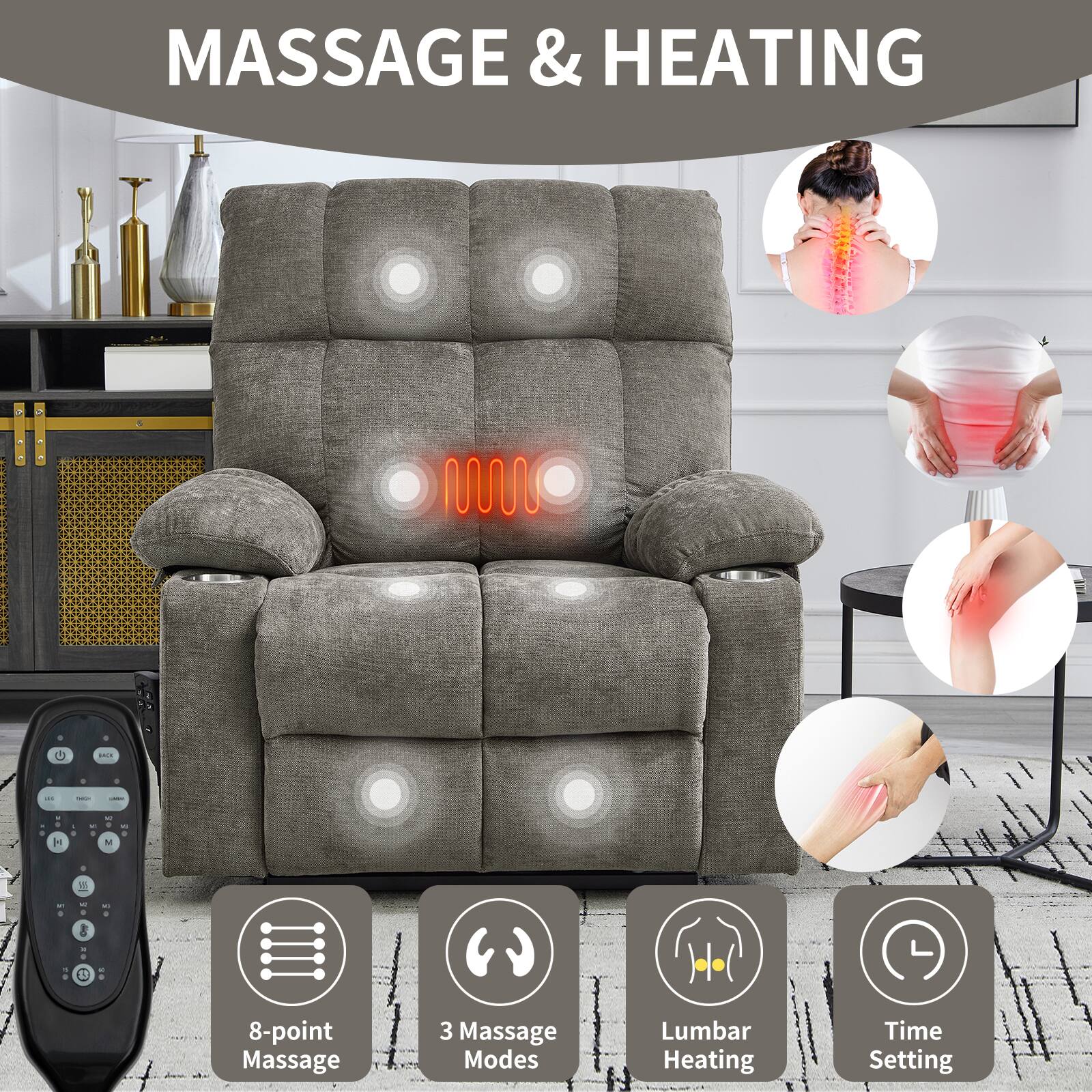 MASSAGE & HEATING

- 8-point Massage
- 3 Massage Modes
- Lumbar Heating
- Time Setting