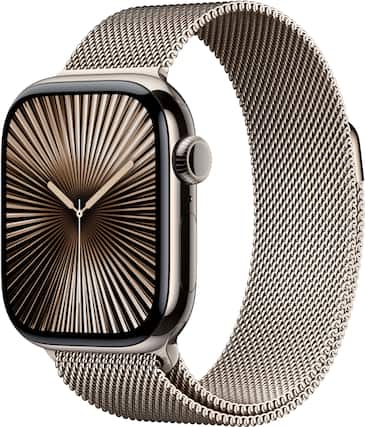 Angle. Apple - Apple Watch Series 10 (GPS+Cellular) 42mm Titanium Case with Natural Milanese Loop - Natural.
