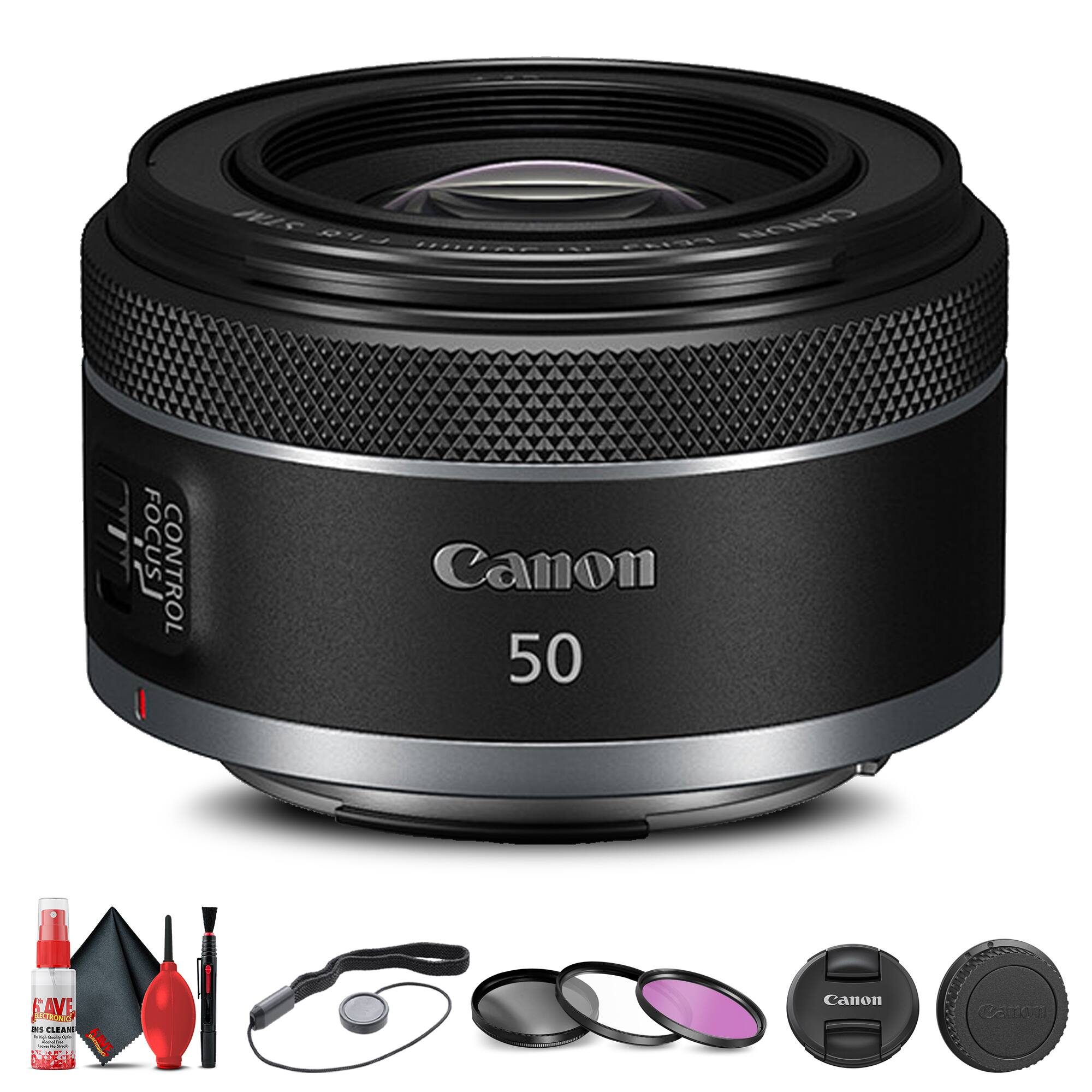 Canon 50mm F1.8 STM Lens with Focus Control
Includes:
- Lens Cleaning Spray
- Lens Cleaning Cloth
- Lens Hood
- Lens Cap
- Lens Filter