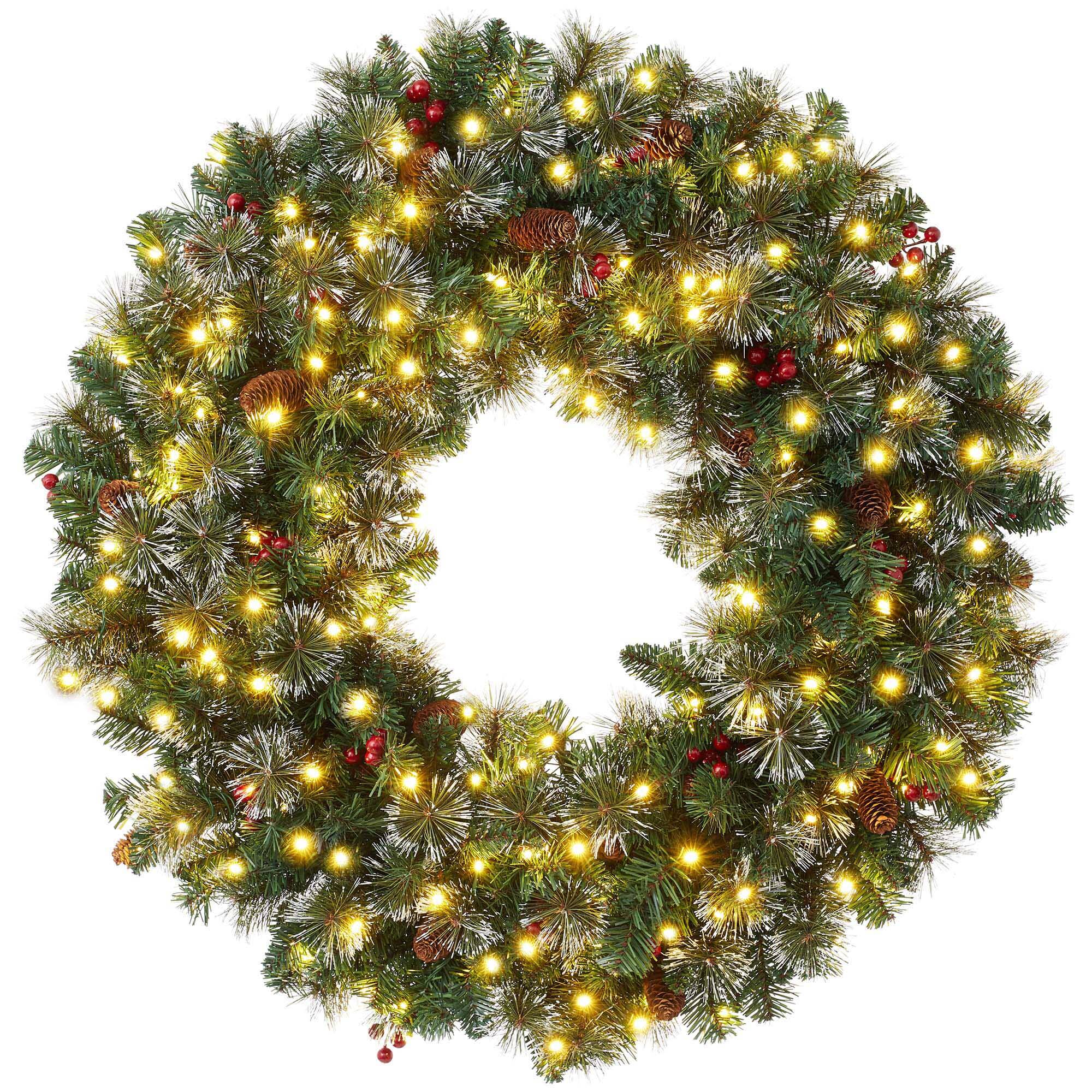 Front. Casafield - 36" Pre-Lit Artificial Holiday Christmas Wreath Pinecones and Berries - Green Pinecones White Lights.