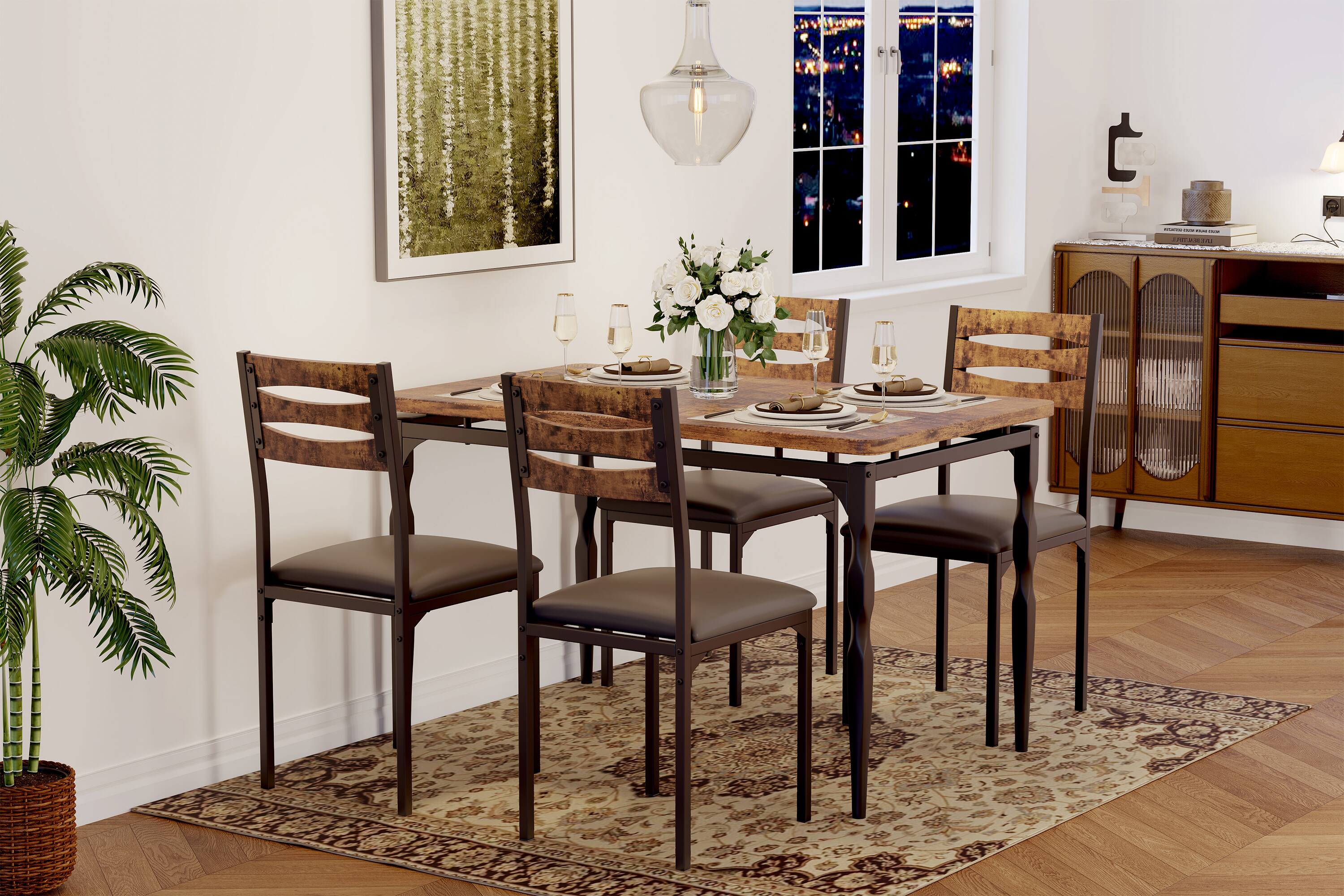 Alt View 2. Homhougo - Dining Table Set for 4, 5 Piece Dining Table and Chairs Set of 4 - Brown.