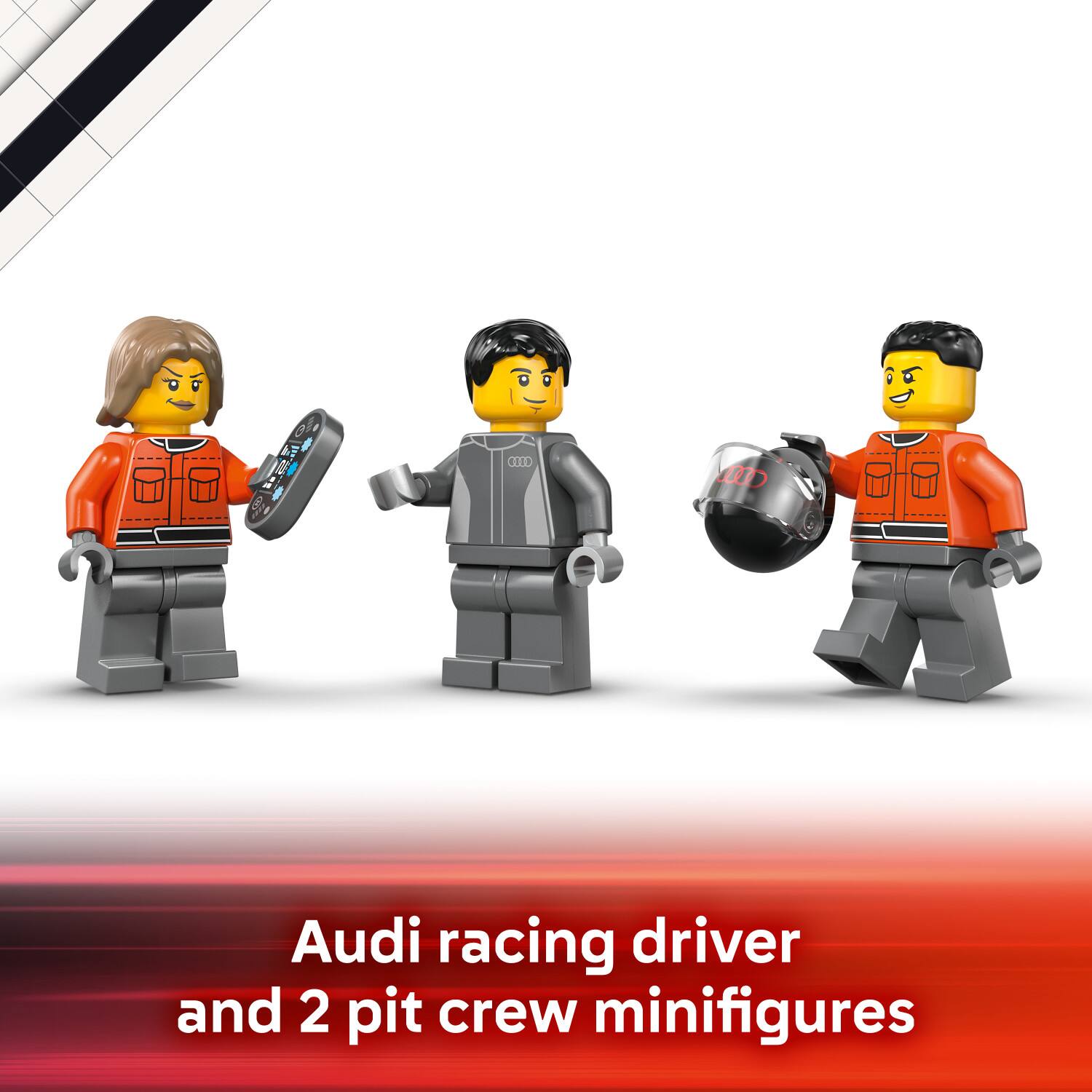 Audi racing driver and 2 pit crew minifigures