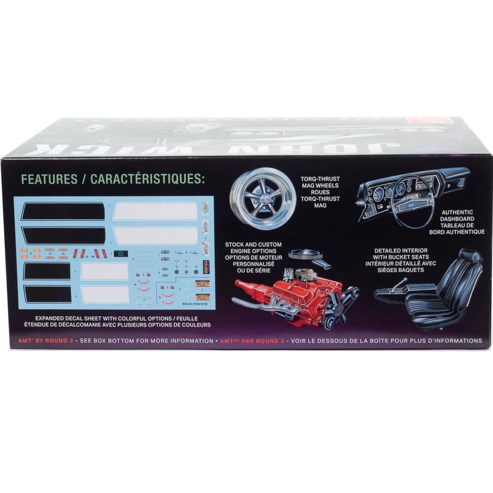 Sure, here is the corrected and grouped text:

---

**FEATURES / CARACTÉRISTIQUES:**

- TORQ-THRUST MAG WHEELS / ROUES TORQ-THRUST MAG
- AUTHENTIC DASHBOARD / TABLEAU DE BORD AUTHENTIQUE
- STOCK AND CUSTOM ENGINE OPTIONS / OPTIONS DE MOTEUR PERSONNALISÉE OU DE SÉRIE
- DETAILED INTERIOR WITH BUCKET SEATS / INTÉRIEUR DÉTAILLÉ AVEC SIÈGES BACQUETS
- EXPANDED DECAL SHEET WITH COLORFUL OPTIONS / FEUILLE ÉTENDUE DE DECALCOMANIE AVEC PLUSIEURS OPTIONS DE COULEURS

**AMT BY ROUND 2 - SEE BOX BOTTOM FOR MORE INFORMATION / AMT PAR ROUND 2 - VOIR LE DESSOUS DE LA BOÎTE POUR PLUS D'INFORMATIONS**

---