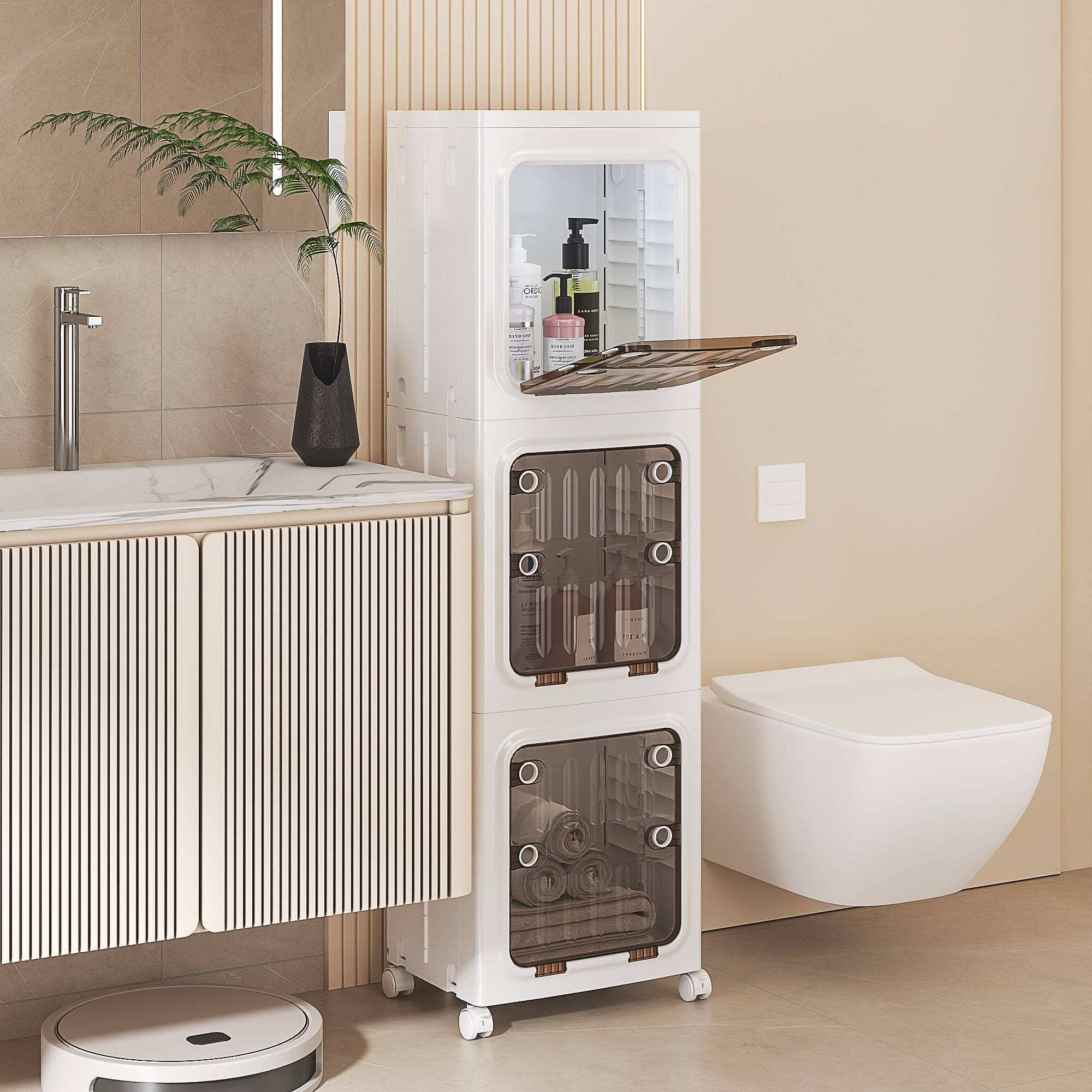 Left. Vecelo - 4-Tier Foldable Plastic Storage Cabinet with Transparent Doors and Wheels,Waterproof,Easy Snap-Together Assembly, White - 3-Tier.