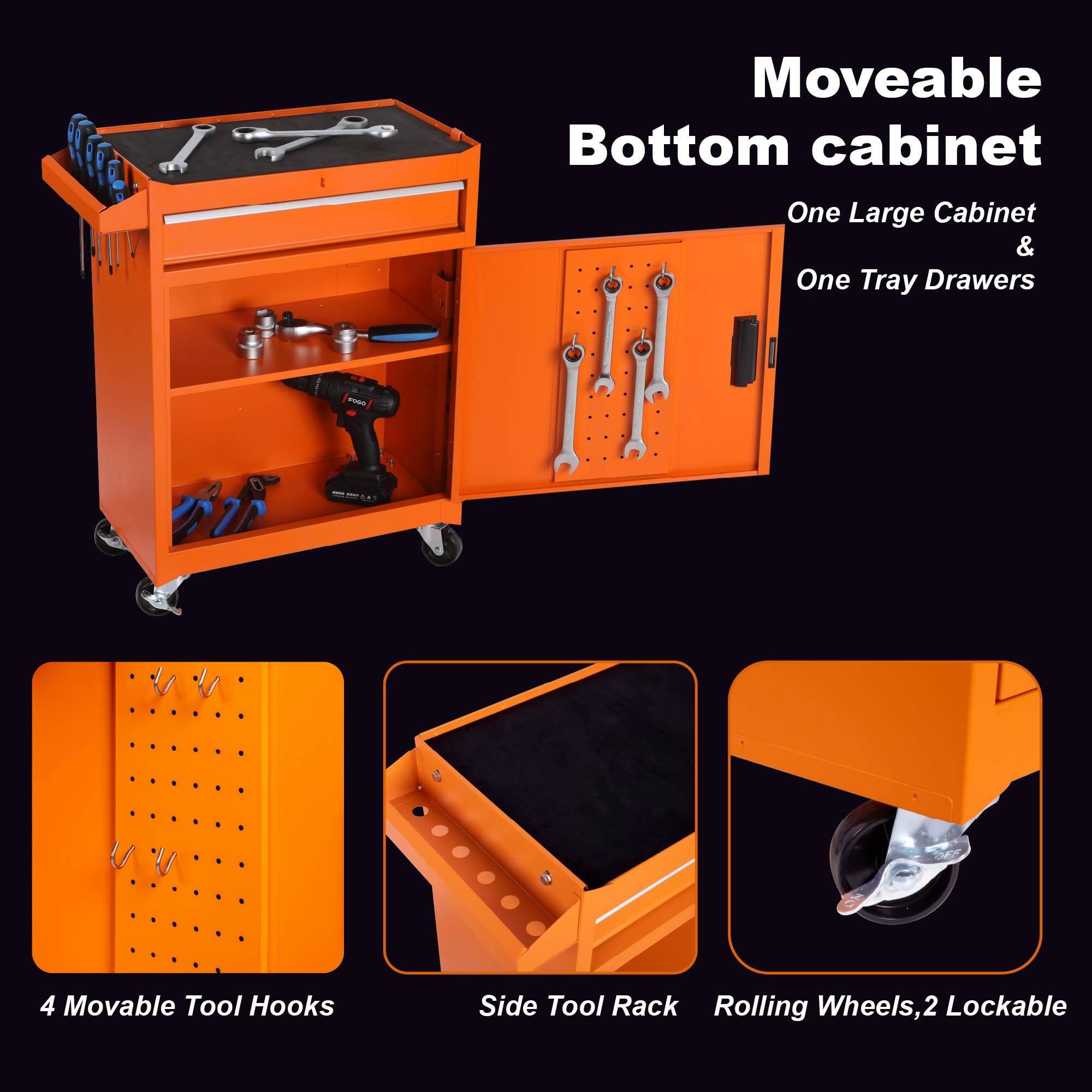 Moveable Bottom cabinet
One Large Cabinet & One Tray Drawers
4 Movable Tool Hooks
Side Tool Rack
Rolling Wheels, 2 Lockable