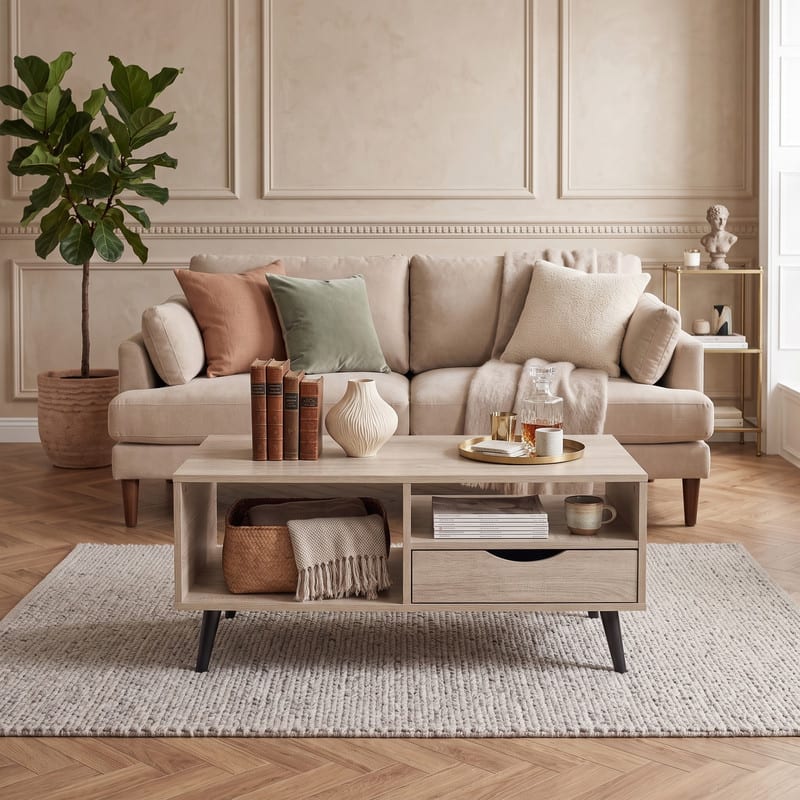 WELLFOR - Rectangle Coffee Table with Drawer & Storage Shelf, Modern Center Table for Living Room - Natural