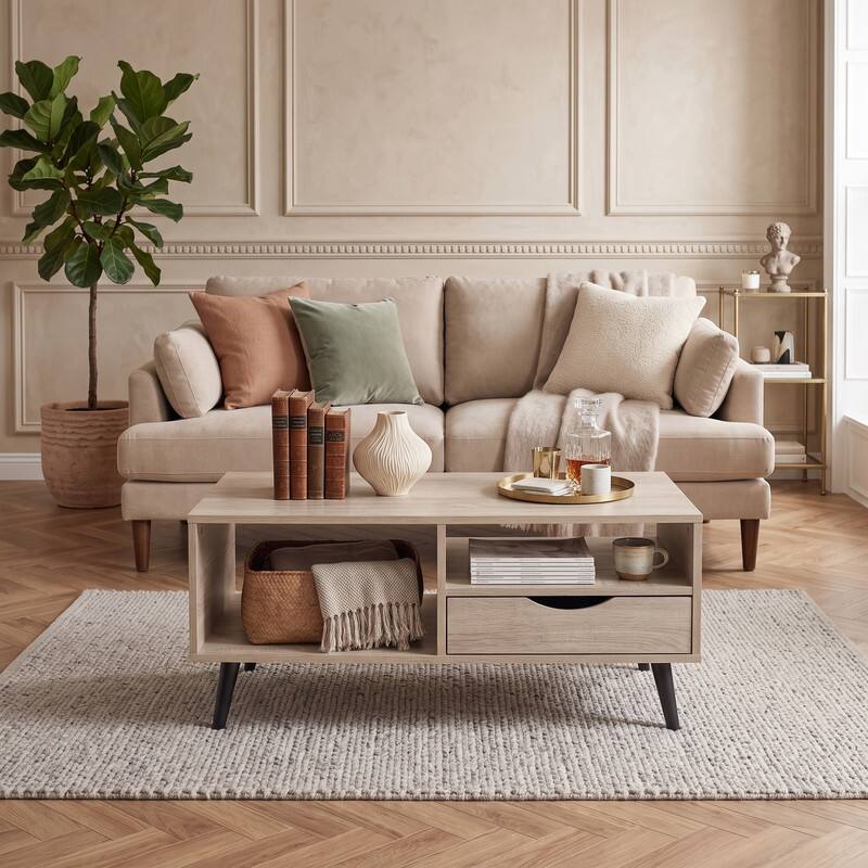 Front. WELLFOR - Rectangle Coffee Table with Drawer & Storage Shelf, Modern Center Table for Living Room - Natural.