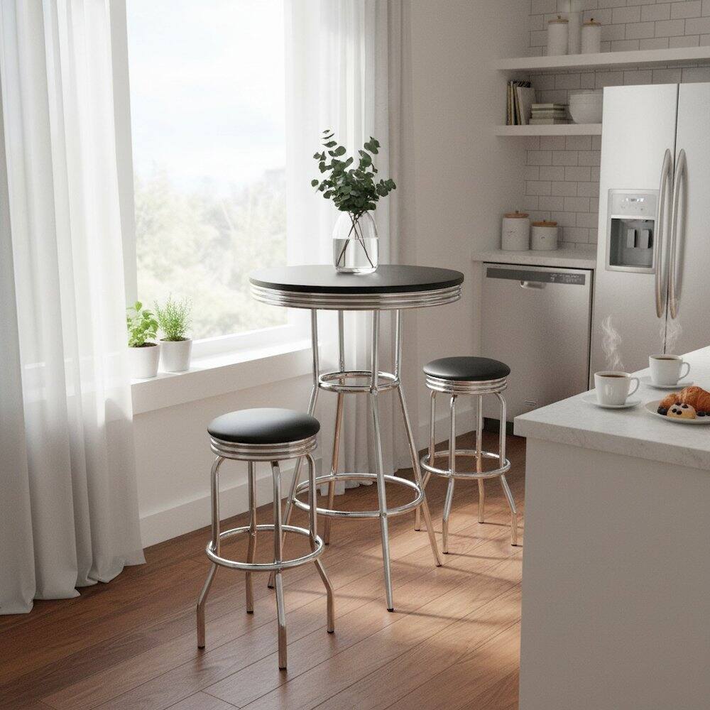 Alt View 3. FurniFact - Metal Bar Table And Stools Set With Swivel Chairs - Black / Metal.