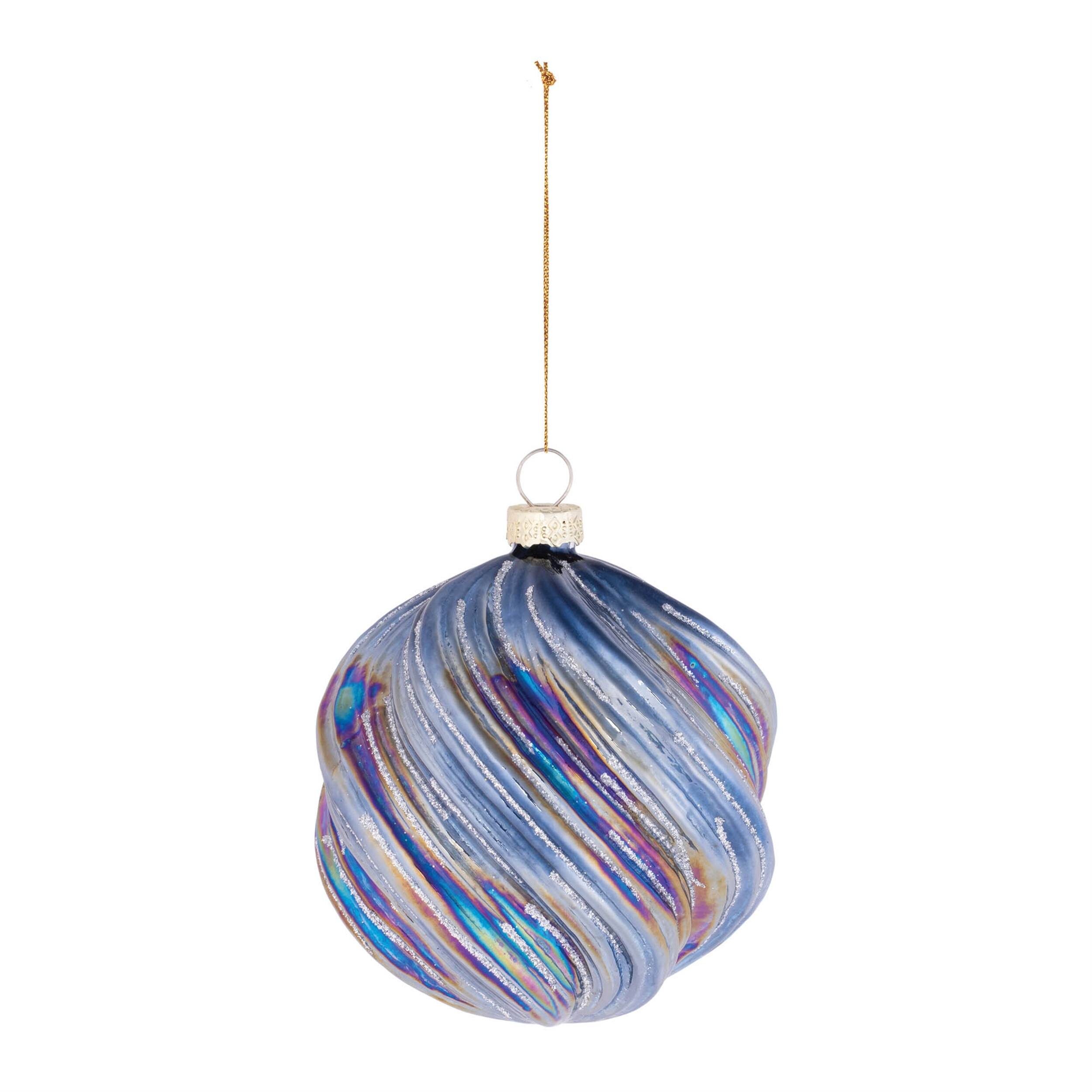 Angle. BreeBe - Iridescent Swirled Glass Ornament (Set of 6) - Blue, Purple, Silver.
