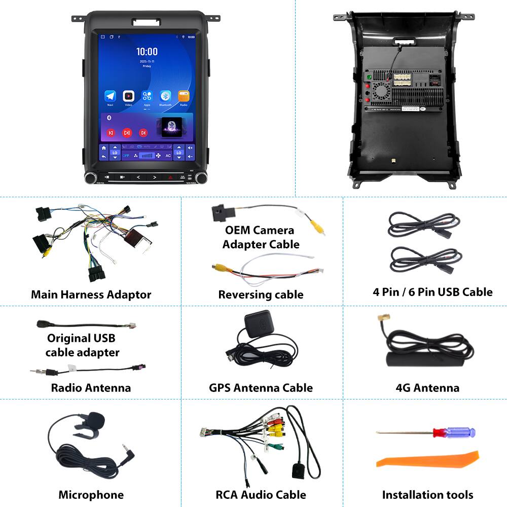 1. OEM Camera Adapter Cable
2. Main Harness Adaptor
3. Reversing cable
4. 4 Pin / 6 Pin USB Cable
5. Original USB cable adapter
6. Radio Antenna
7. GPS Antenna Cable
8. 4G Antenna
9. Microphone
10. RCA Audio Cable
11. Installation tools