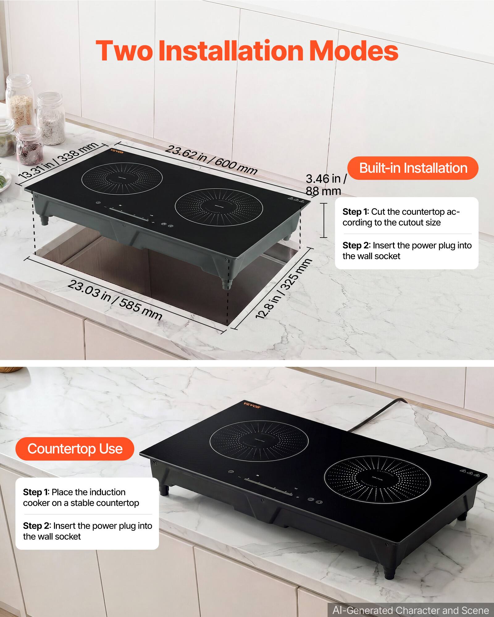 Two Installation Modes

Built-in Installation
- 13.31 in / 338 mm
- 23.62 in / 600 mm
- 3.46 in / 88 mm
- 23.03 in / 585 mm

Step 1: Cut the countertop according to the cutout size
Step 2: Insert the power plug into the wall socket

Countertop Use
Step 1: Place the induction cooker on a stable countertop
Step 2: Insert the power plug into the wall socket

AI-Generated Character and Scene