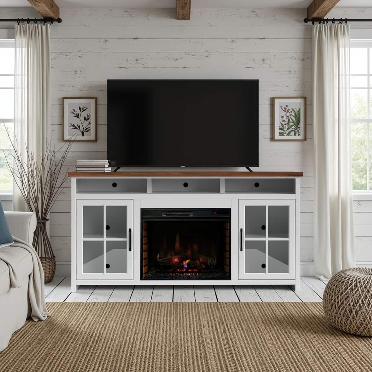 Loheer - 74 inch farmhouse fireplace tv stand for 85 inch tv - White