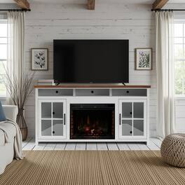 Loheer - 74 inch farmhouse fireplace tv stand for 85 inch tv - White
