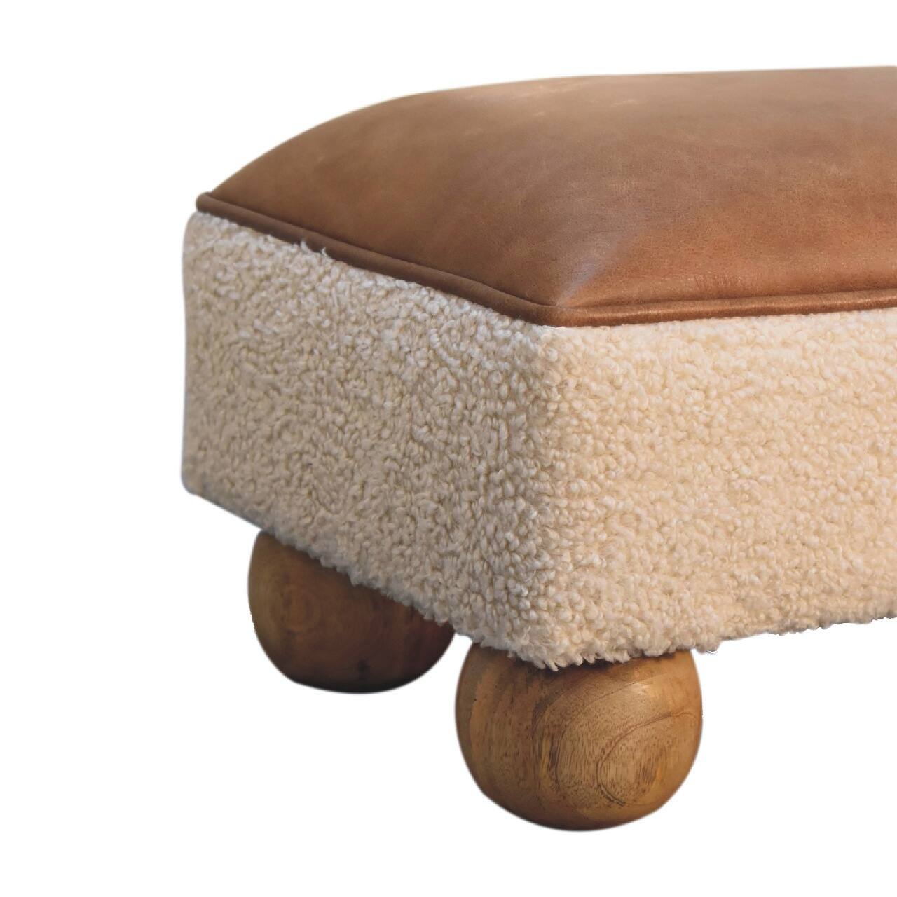 Alt View 1. Artisan Furniture - Artisan Furniture Solid Wood Vintage Leather Boucle Ball Footstool - Brown.