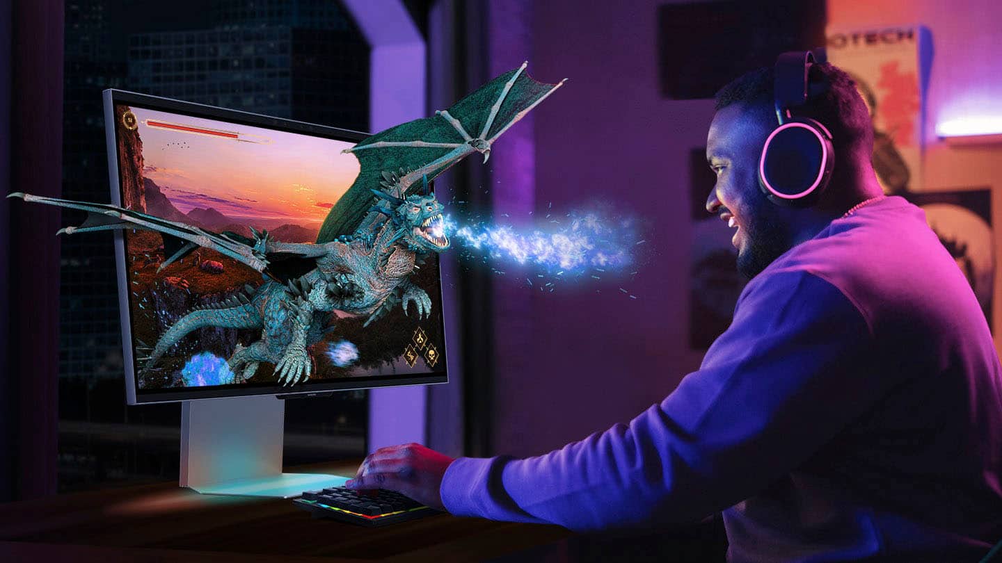 Alt View 38. Samsung - 27" Odyssey Glasses Free 3D G90XF 4K UHD, 165Hz, 1ms, G-SYNC Compatible and FreeSync Prem Pro Gaming Monitor - Mercury Silver.