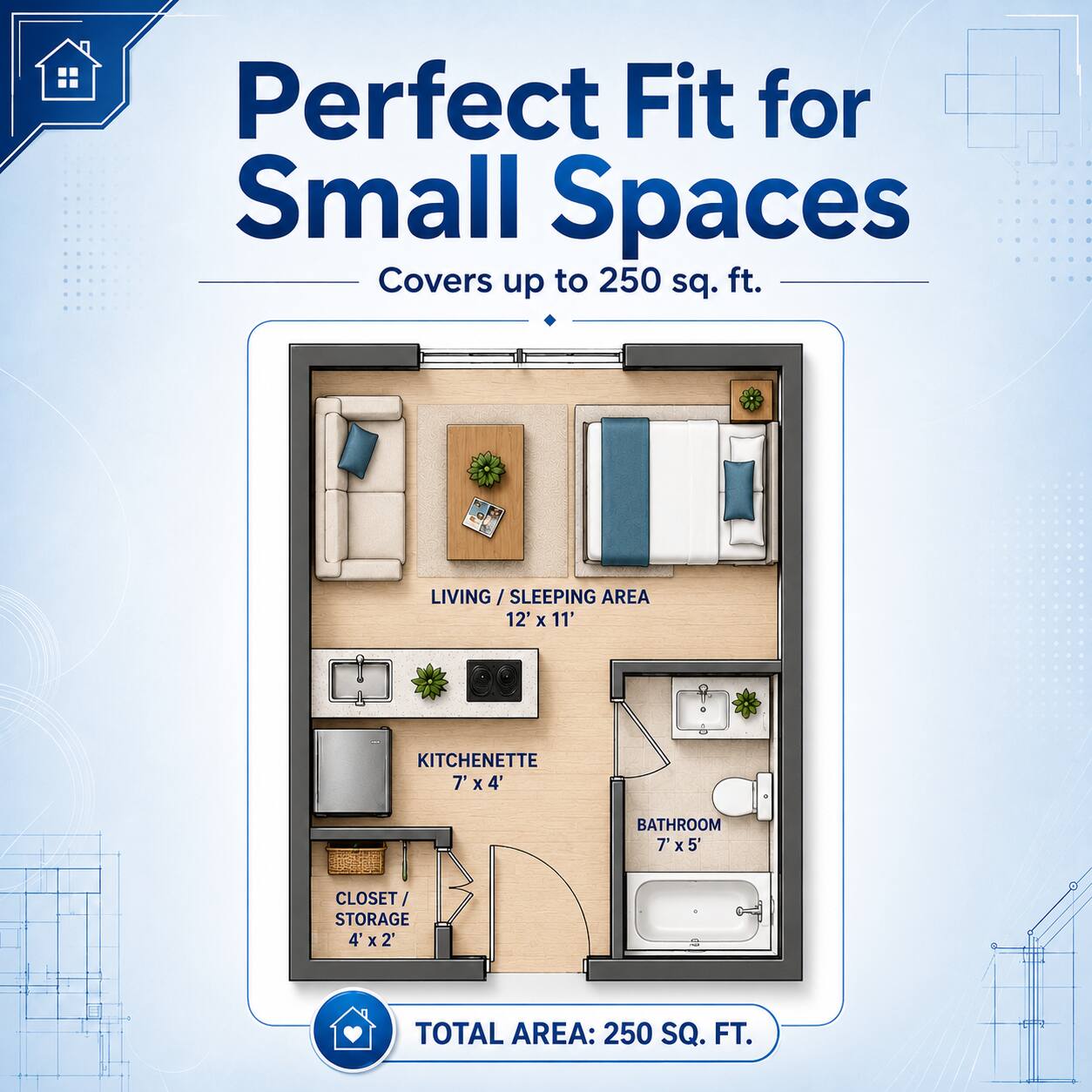 Perfect Fit for Small Spaces  
Covers up to 250 sq. ft.  

LIVING / SLEEPING AREA  
12' x 11'  

KITCHENETTE  
7' x 4'  

BATHROOM  
7' x 5'  

CLOSET / STORAGE  
4' x 2'  

TOTAL AREA: 250 SQ. FT.