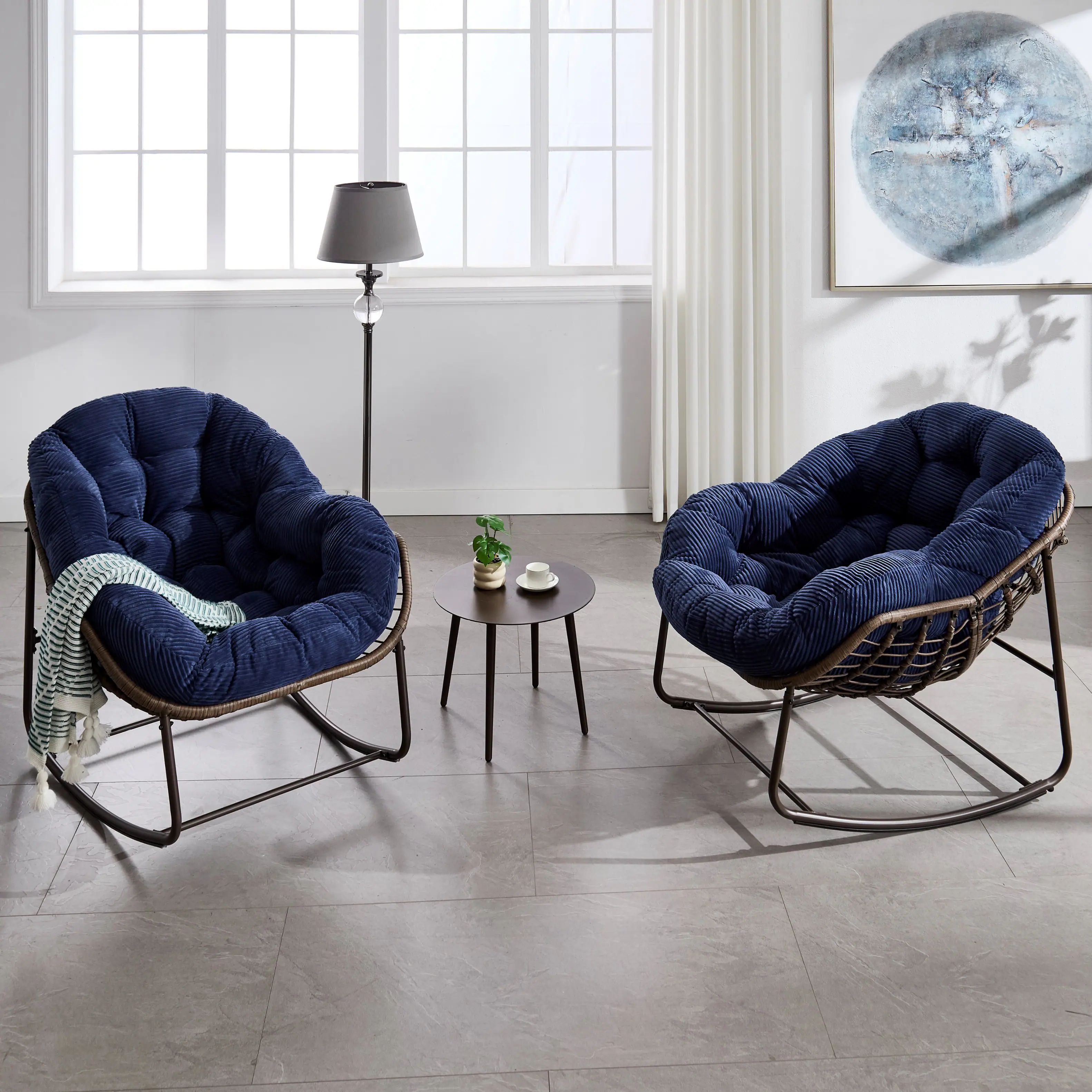 Alt View 6. Tiramisubest - Outdoor Rattan Rocking Chair,Padded Velvet Cushion Rocker Recliner Chair for Porch,Living Room,Patio,Garden,Navy Blue - Navy Blue.