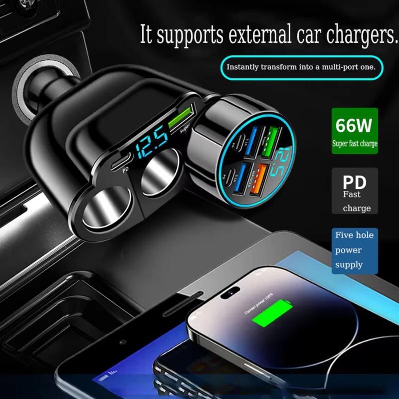 It supports external car chargers.  
Instantly transform into a multi-port one.  

Super 12.5 PD 66W  
Super fast charge PD Fast charge  

Five hole power supply  
100% power