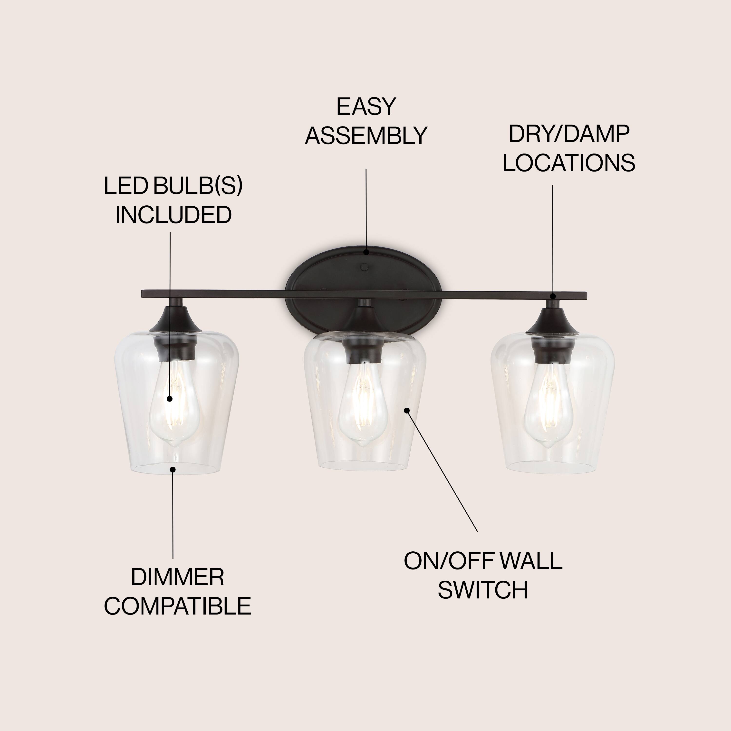 EASY ASSEMBLY  
DRY/DAMP LOCATIONS  
LED BULB(S) INCLUDED  
DIMMER COMPATIBLE  
ON/OFF WALL SWITCH