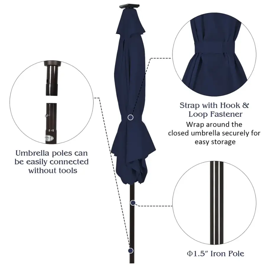 Umbrella poles can be easily connected without tools. Strap with Hook & Loop Fastener wrap around the closed umbrella securely for easy storage. 1.5" Iron Pole.