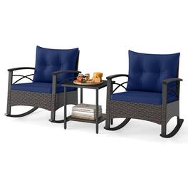 Gymax - Set of 3 Rattan Rocking Chair Set w/Acacia Wood Tabletop Armrests for Porch Balcony Navy - Blue