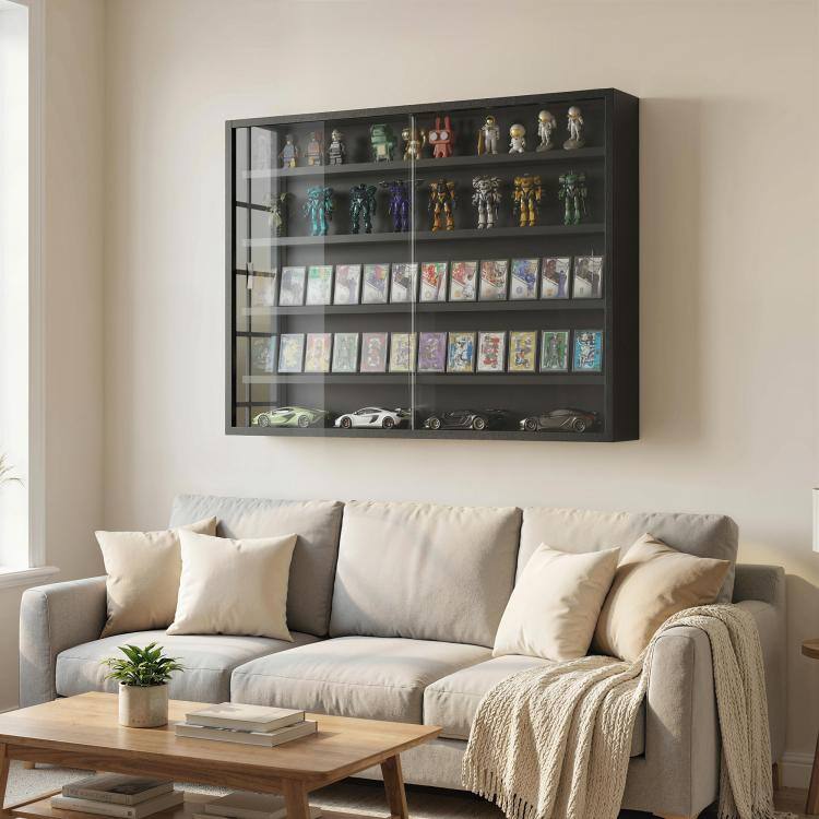 Alt View 9. PULUZ - 5-Tier Display Cabinet, Wall-Mounted Display Case with 2 Glass Doors and Adjustable Shelves - Jet Black.