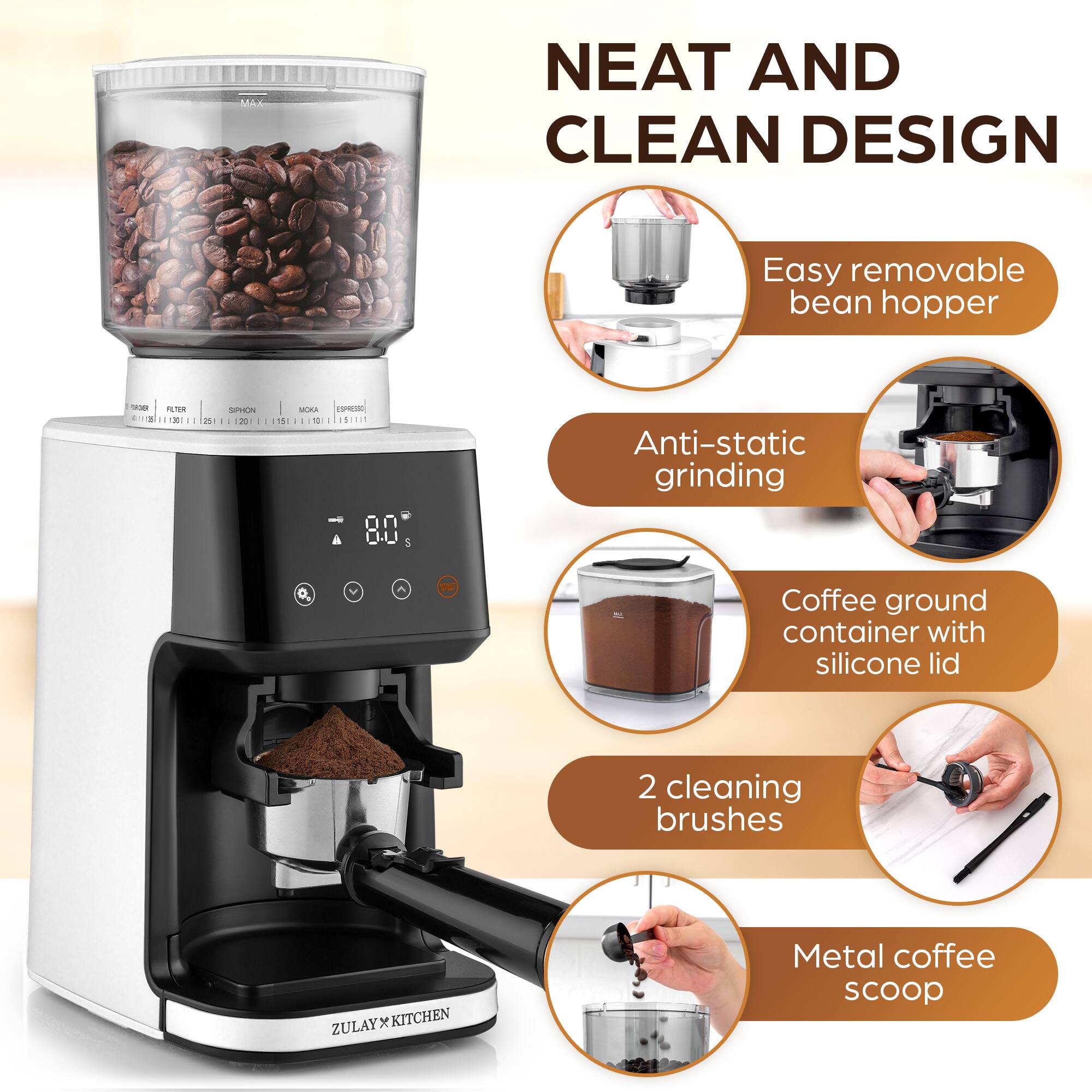Alt View 1. Zulay Kitchen - Zulay Kitchen Conical Espresso Burr Coffee Grinder - Touchscreen, 51 Bean Grind Settings, Precision Electric Timer - White.