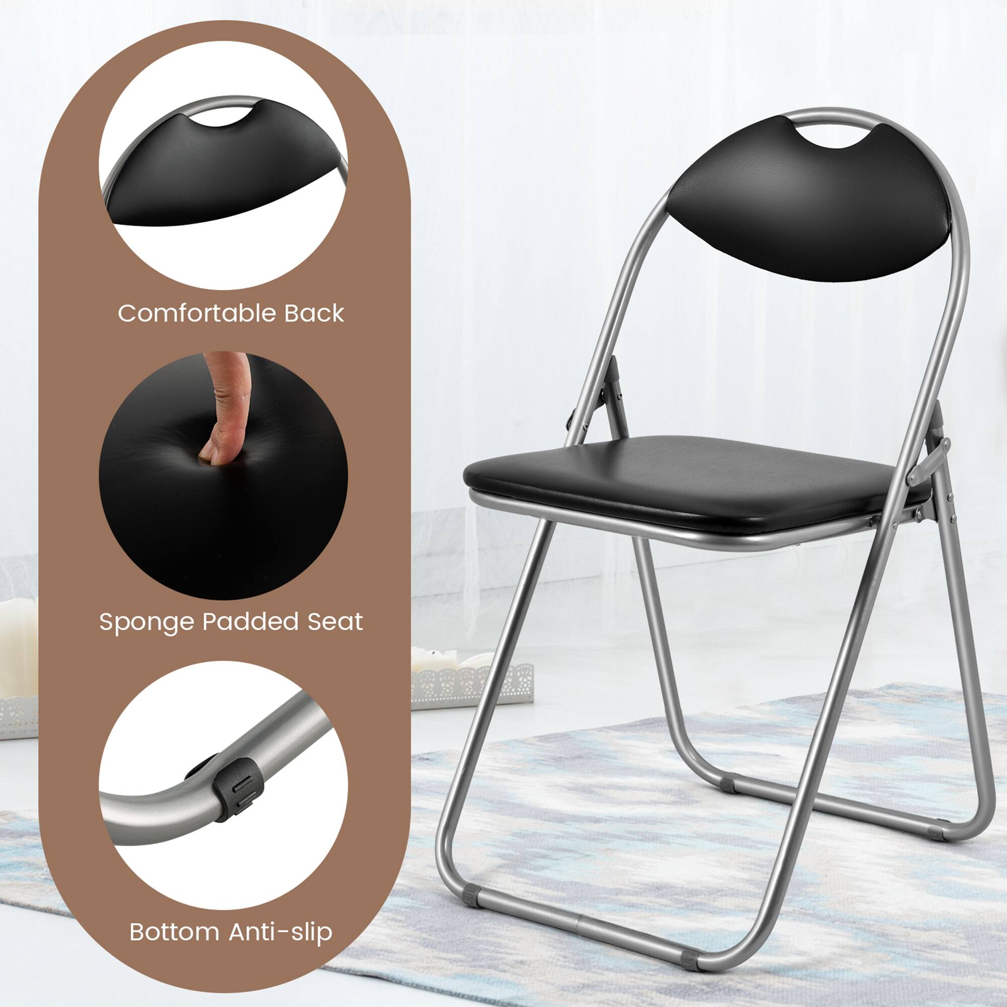 The text on the image reads: "Comfortable Back Sponge Padded Seat Bottom Anti-slip."