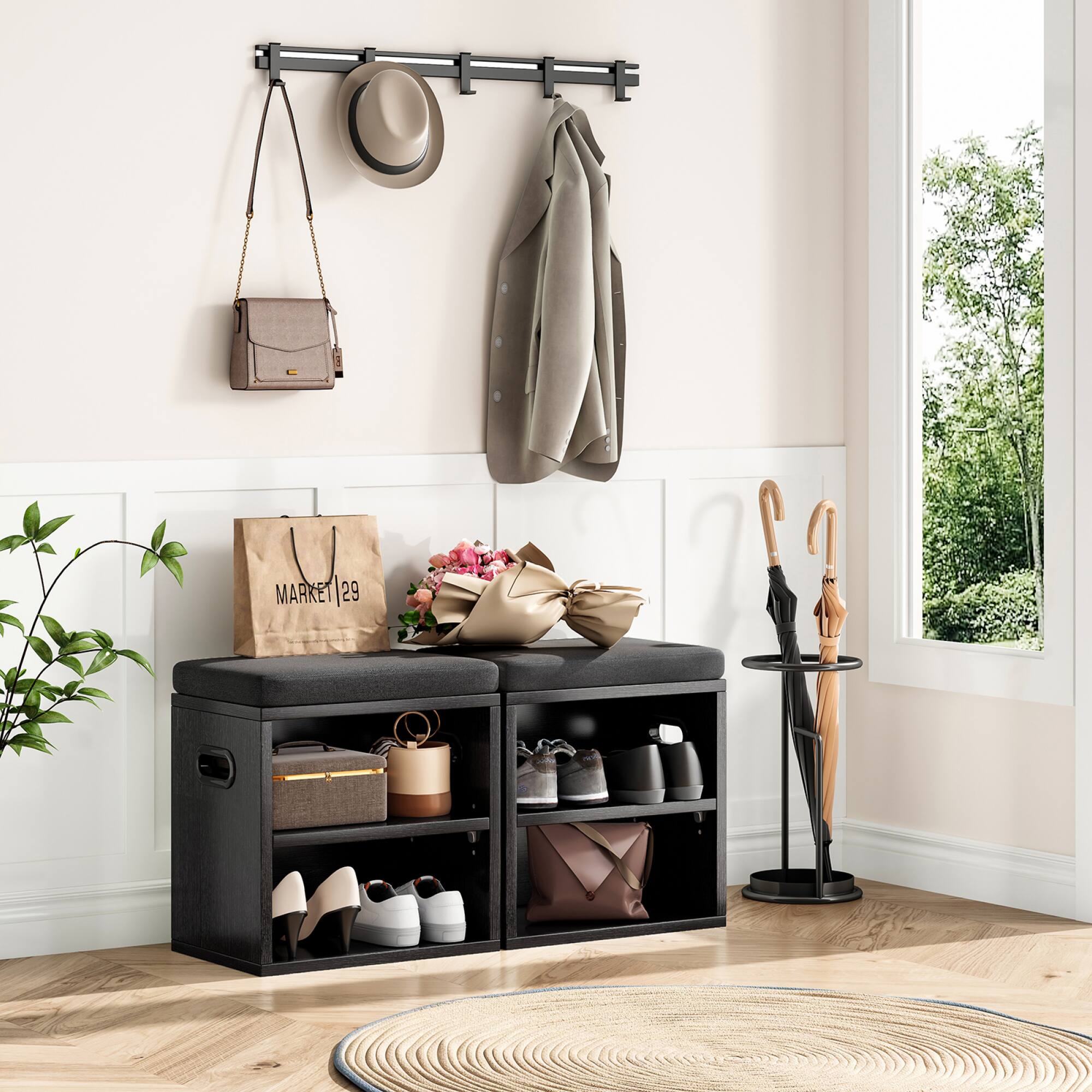 Alt View 4. GOODSILO - Compact Entryway Shoe Storage Bench with Removable Cushion for Seating and Organization - Black.
